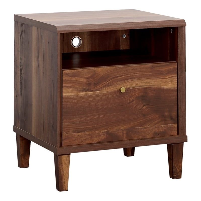 Grand Walnut Contemporary 1-Drawer Nightstand with Open Shelf