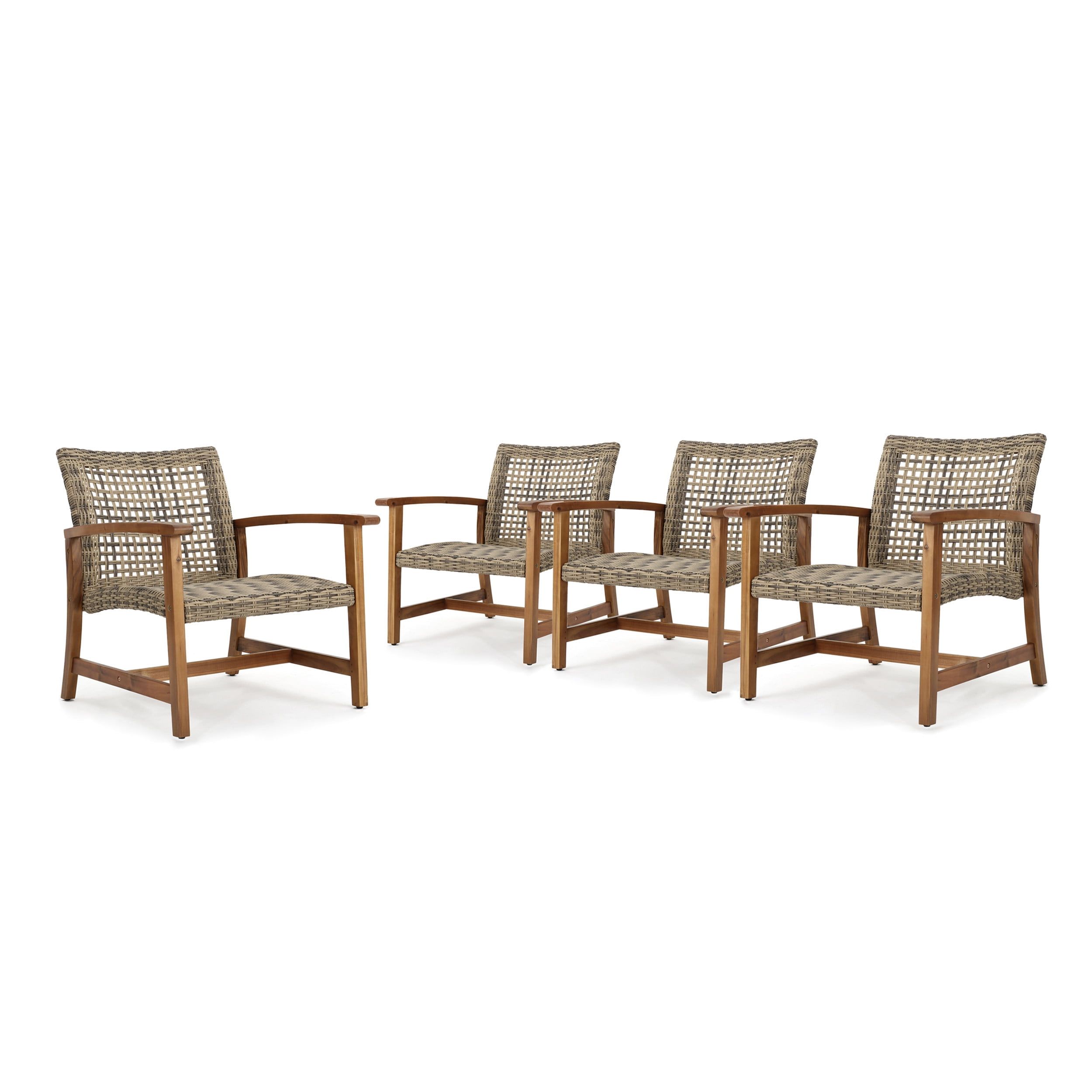 Gray and Natural Wicker and Wood Outdoor Club Chairs, Set of 4