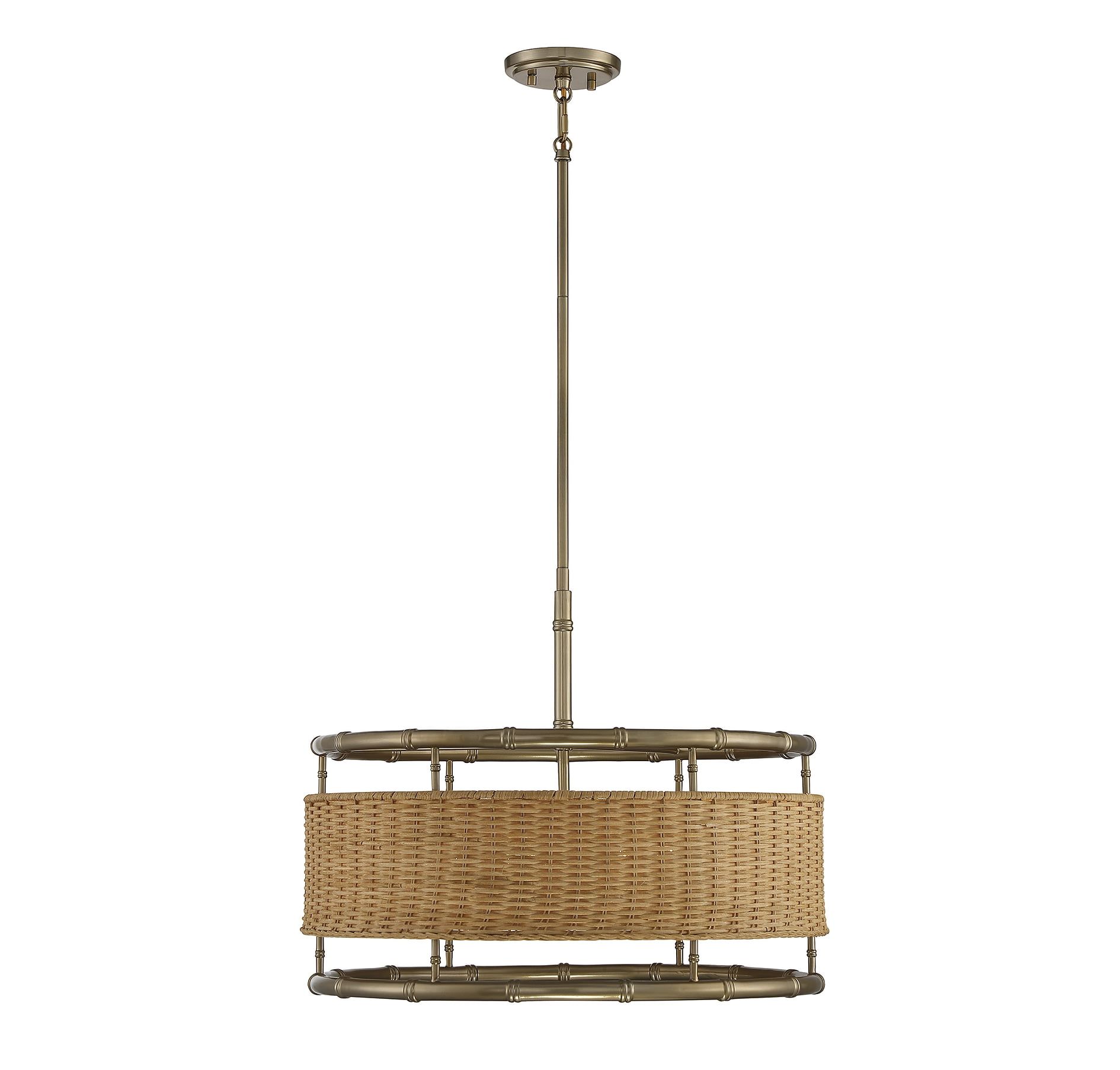 Arcadia Warm Brass and Natural Rattan 6-Light Drum Pendant