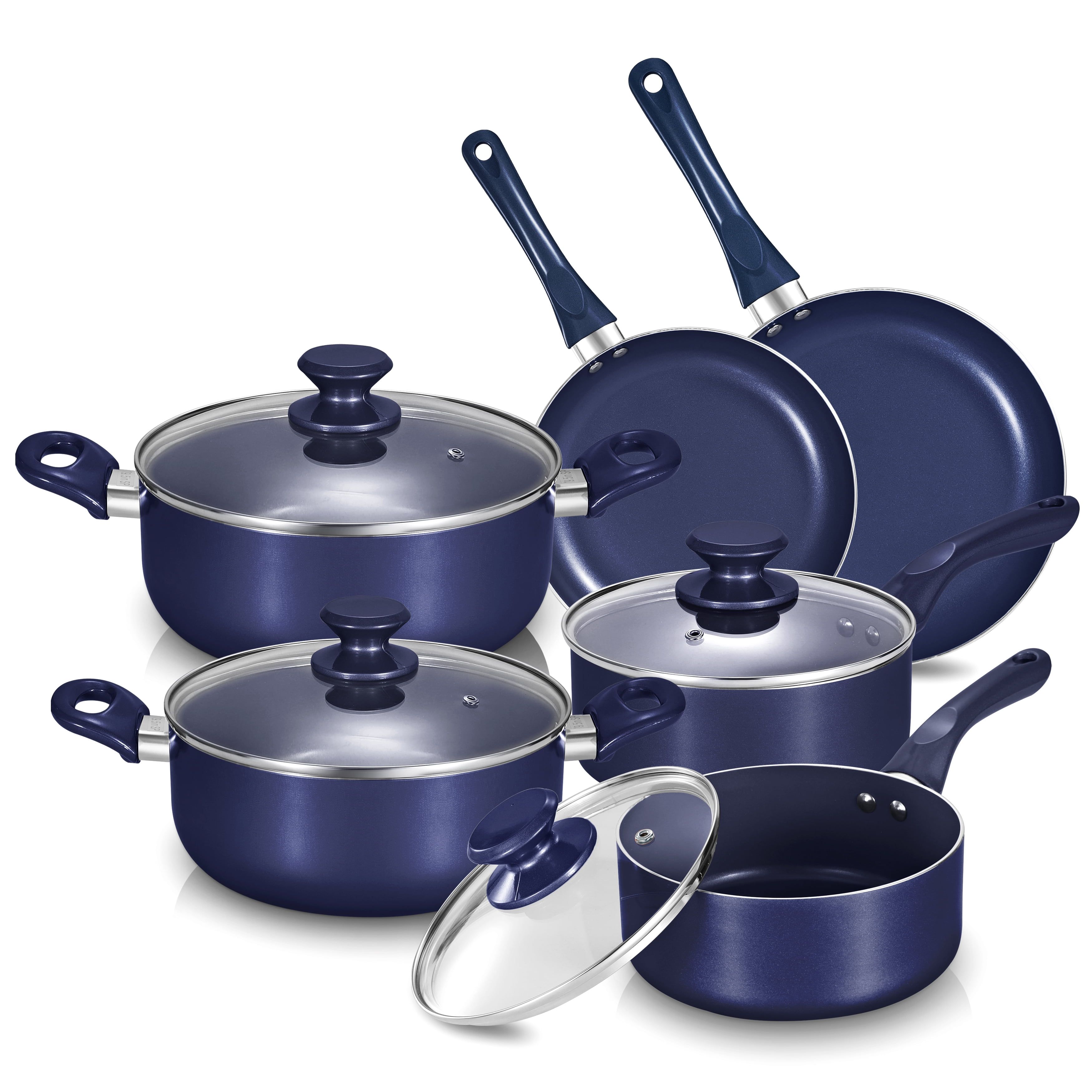 10-Piece Blue Aluminum Nonstick Cookware Set with Glass Lids