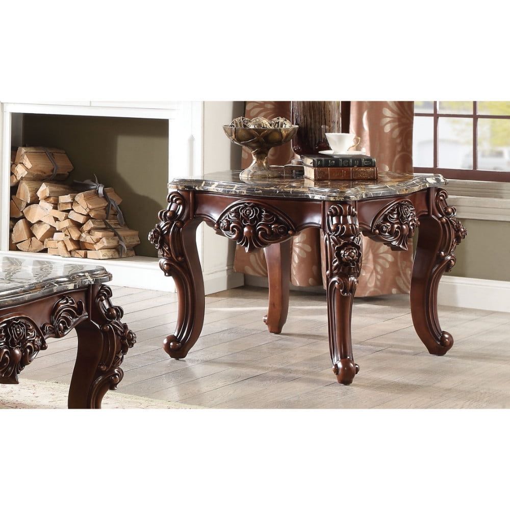 Walnut Brown Scalloped Marble Top End Table with Carved Floral Motifs