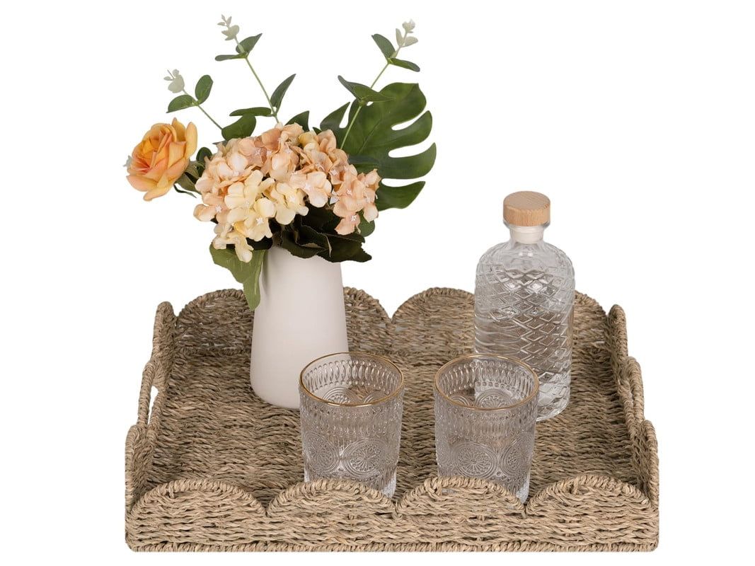 Natural Seagrass Scalloped Edge Wicker Serving Tray with Handles