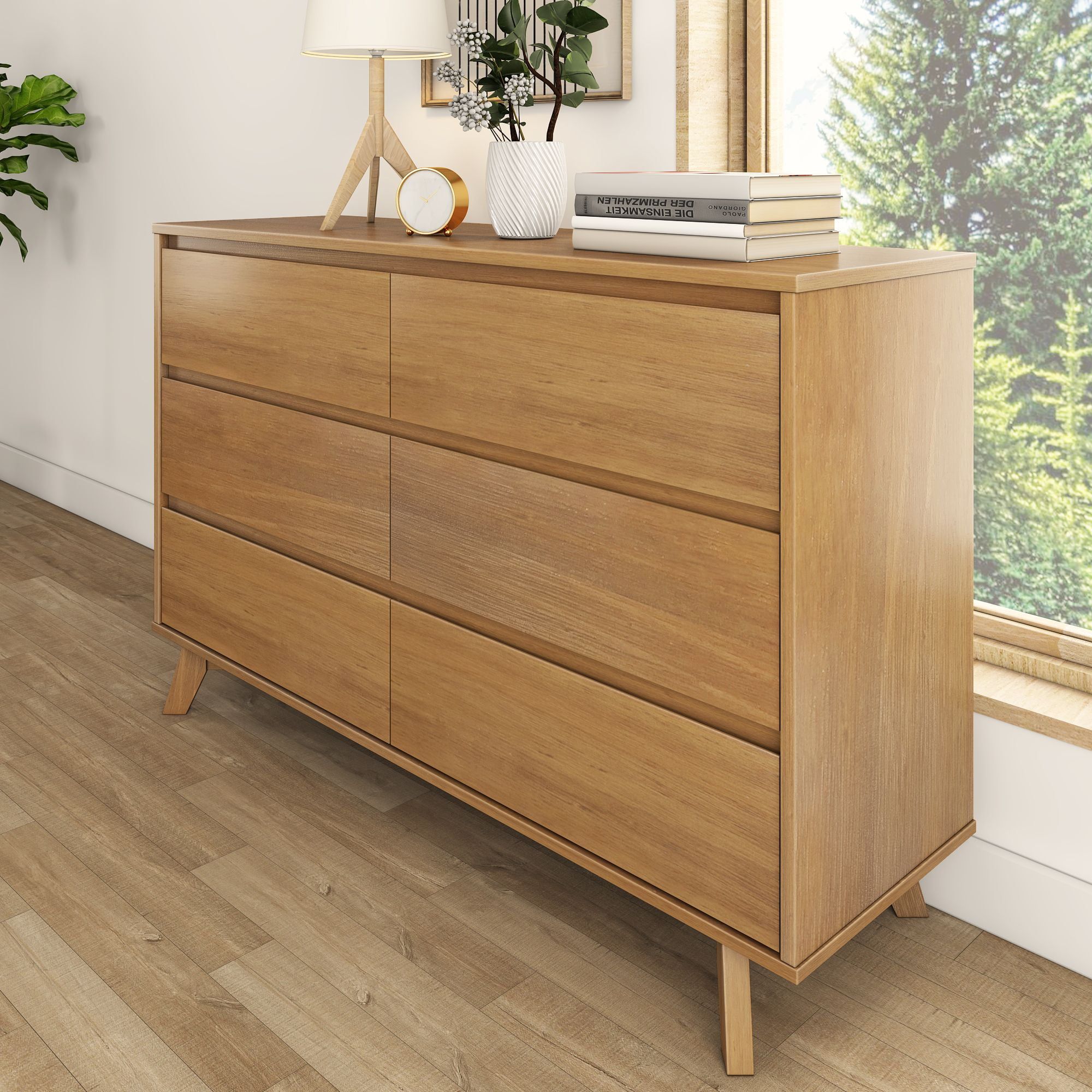 Max & Lily Solid Wood Scandinavian 6 Drawer Dresser, Pecan