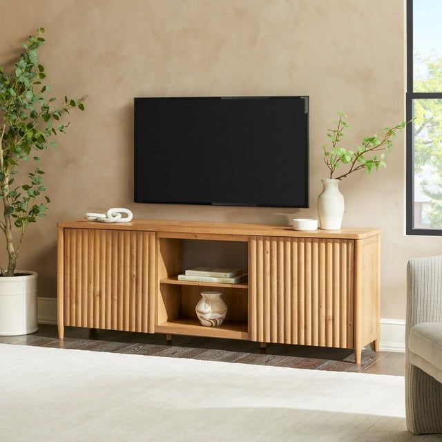 70" English Oak Scandinavian TV Stand with Fluted Doors