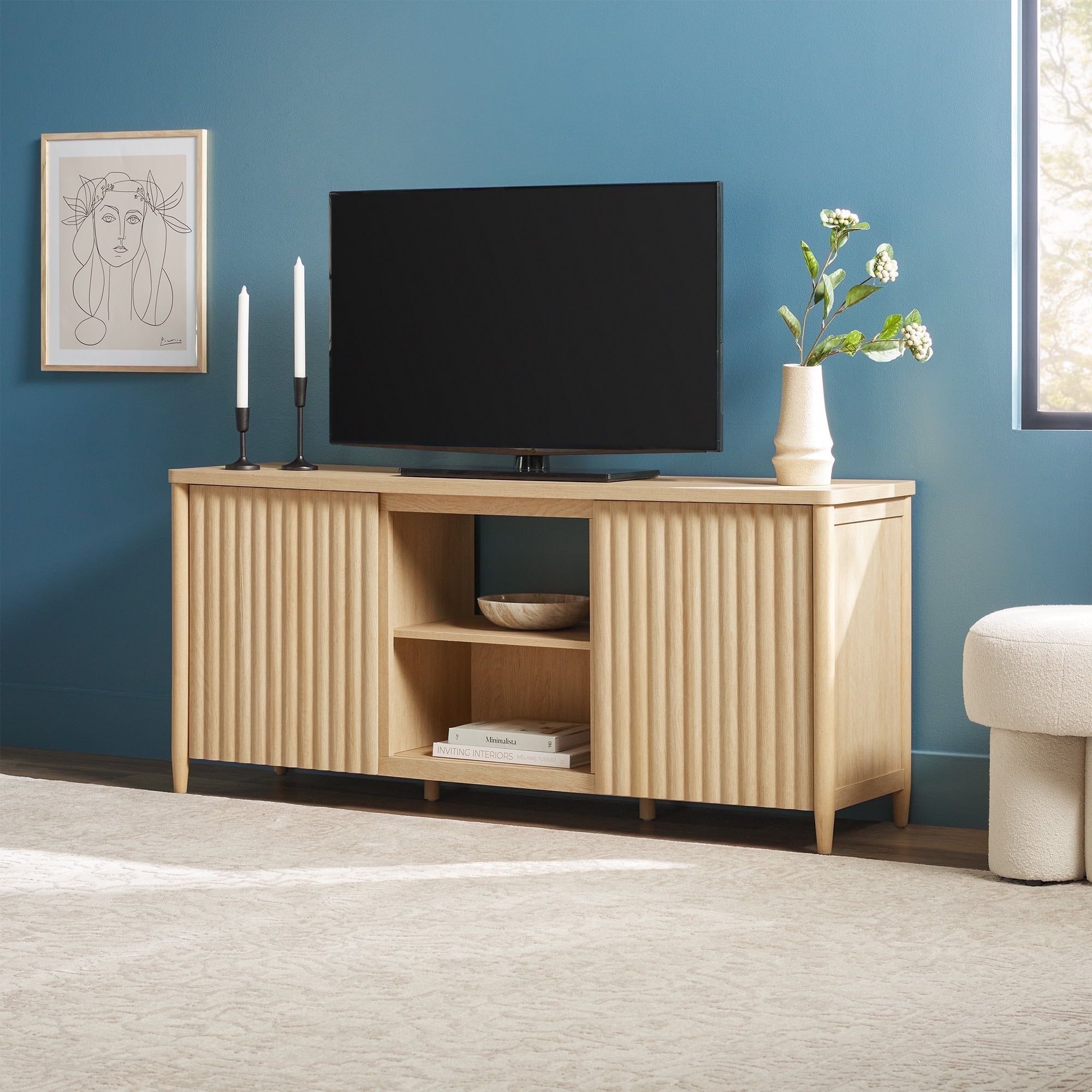 58" Coastal Oak TV Stand with Fluted Doors and Storage