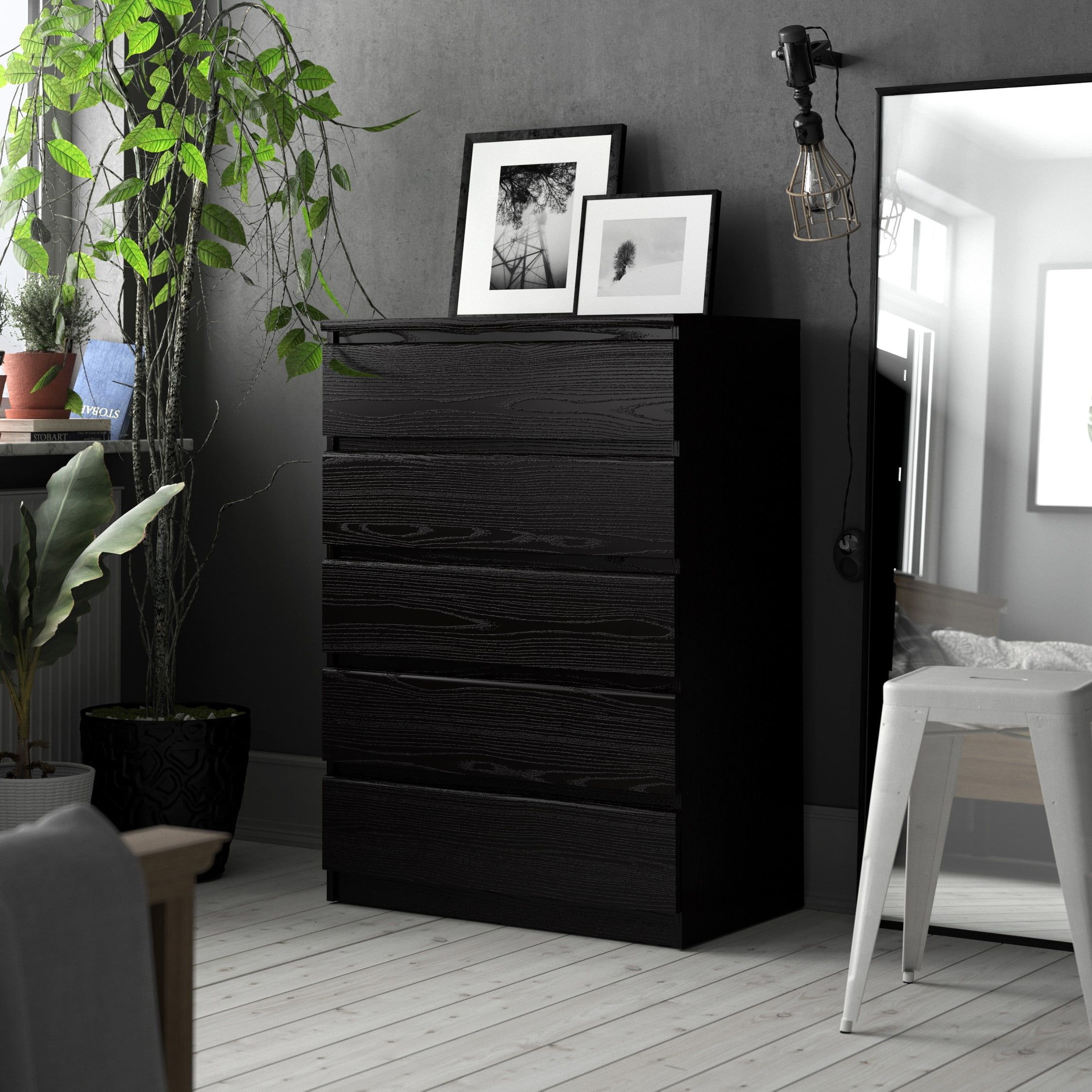 Black Woodgrain Vertical 5-Drawer Chest with Extra Deep Drawer