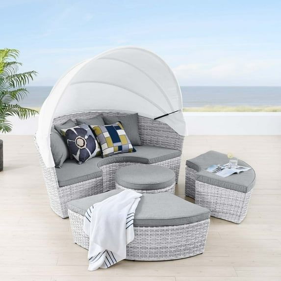 Scottsdale Light Gray Wicker Outdoor Patio Daybed with Canopy