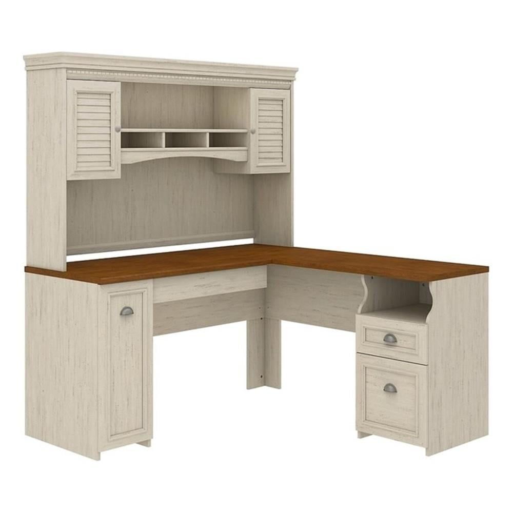 Antique White Maple L-Shaped Desk with Hutch and Drawers