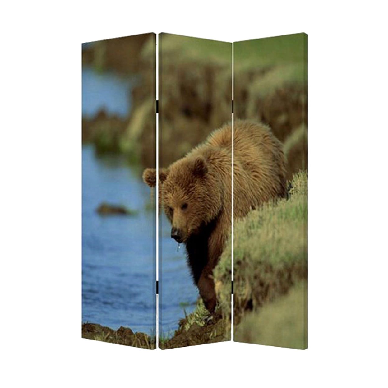 Rustic Blue and Brown 3-Panel Bear Print Folding Screen