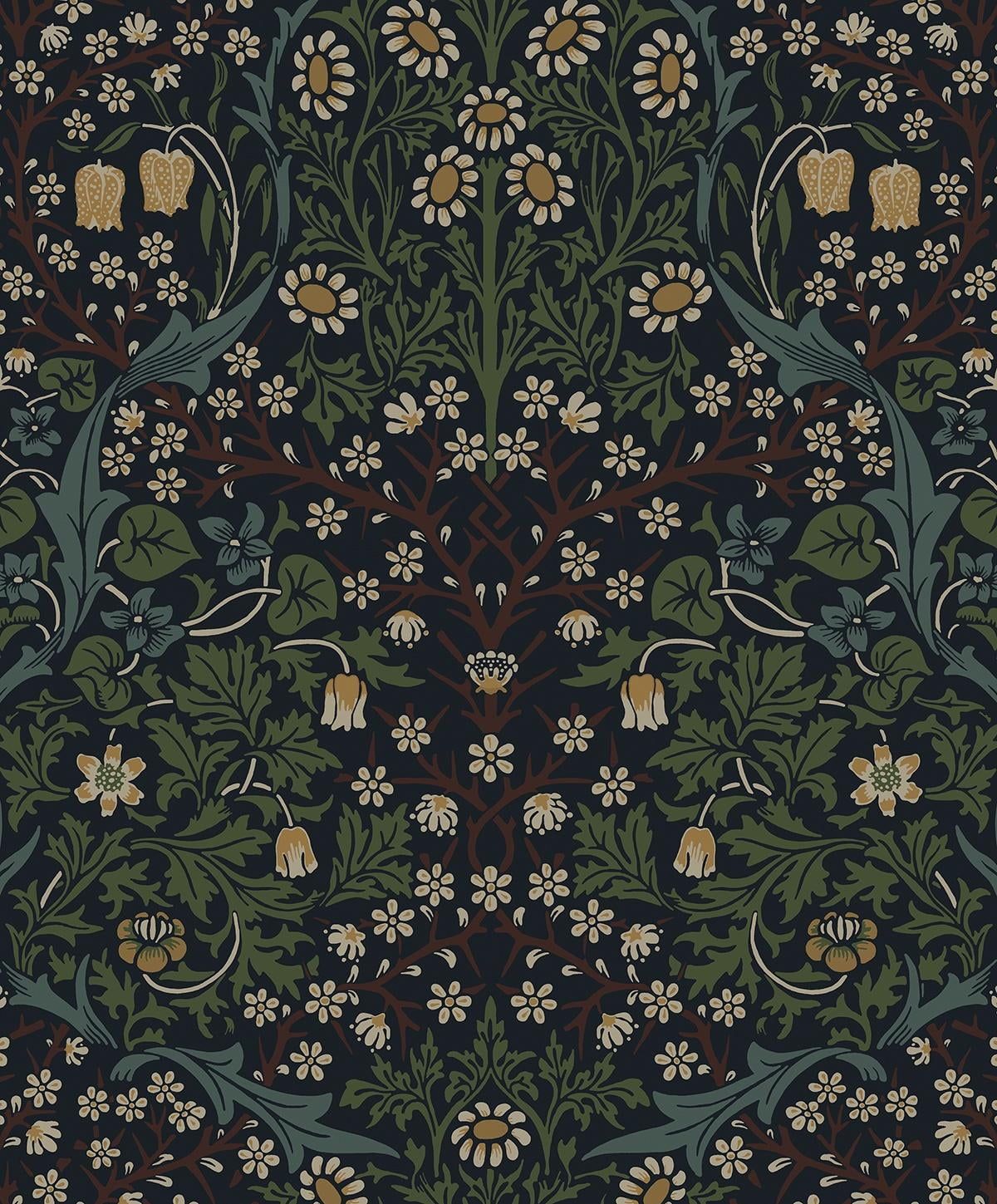 Midnight Blue & Evergreen Victorian Garden Floral Wallpaper