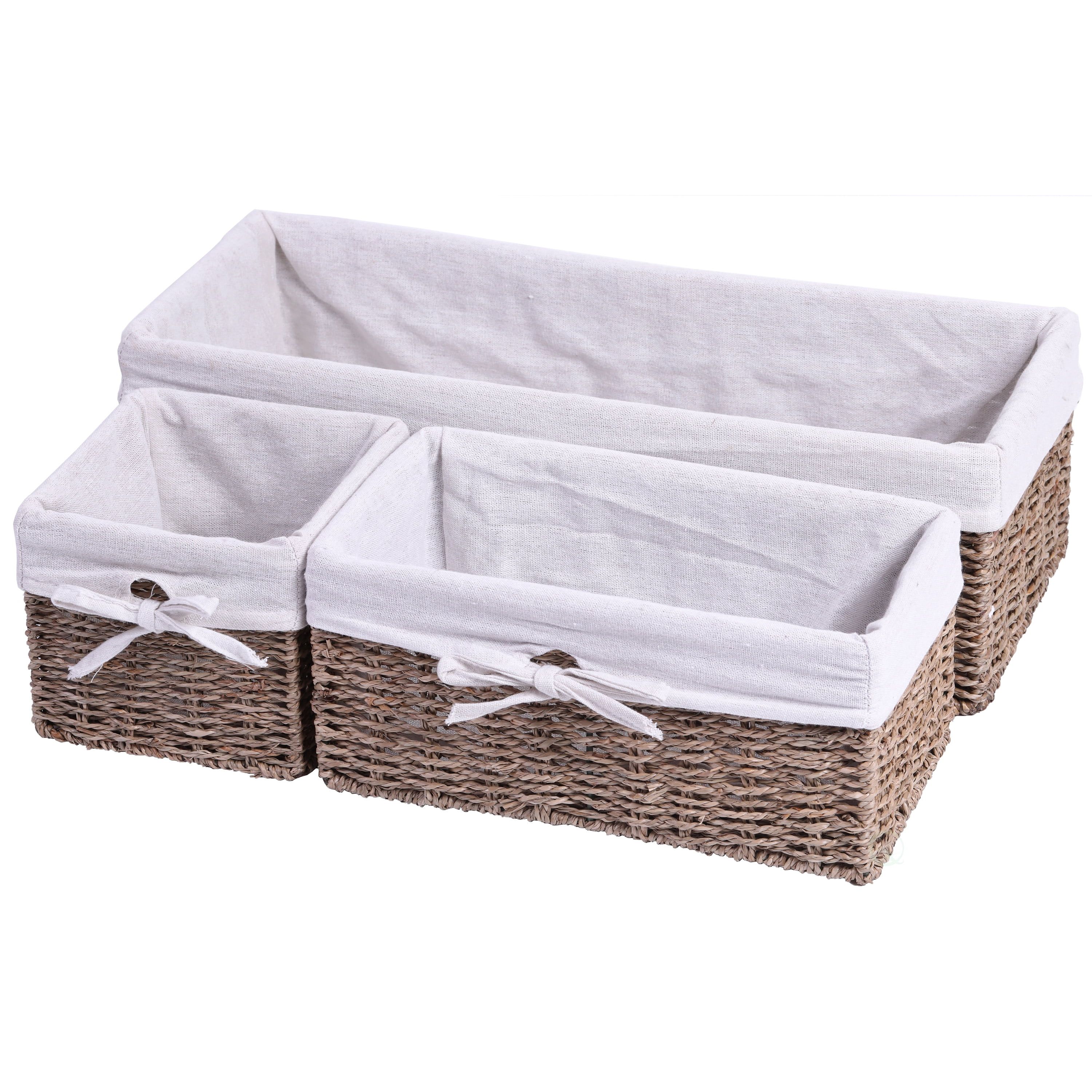 Seagrass Rectangular Storage Baskets with White Lining, Set of 3