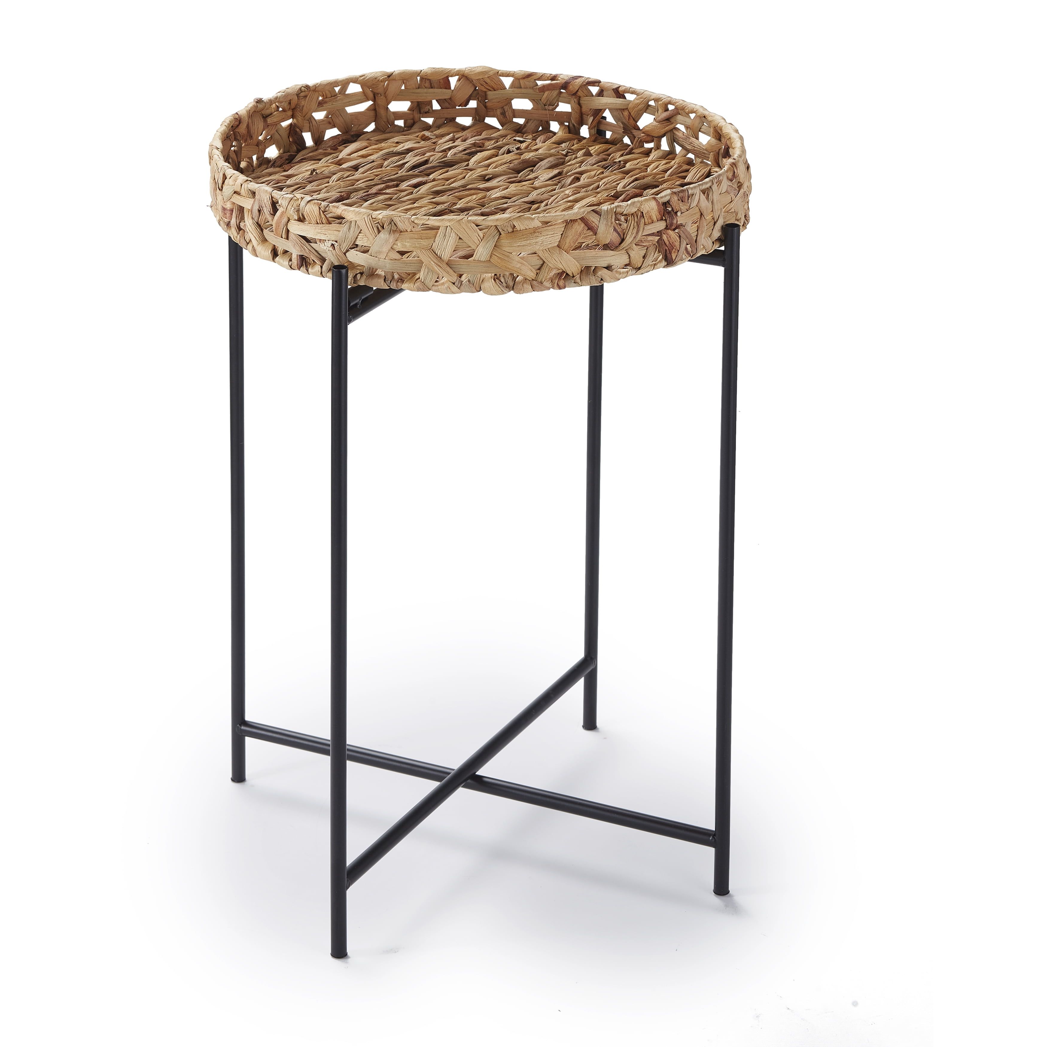 Round Seagrass and Metal Foldable Side Table