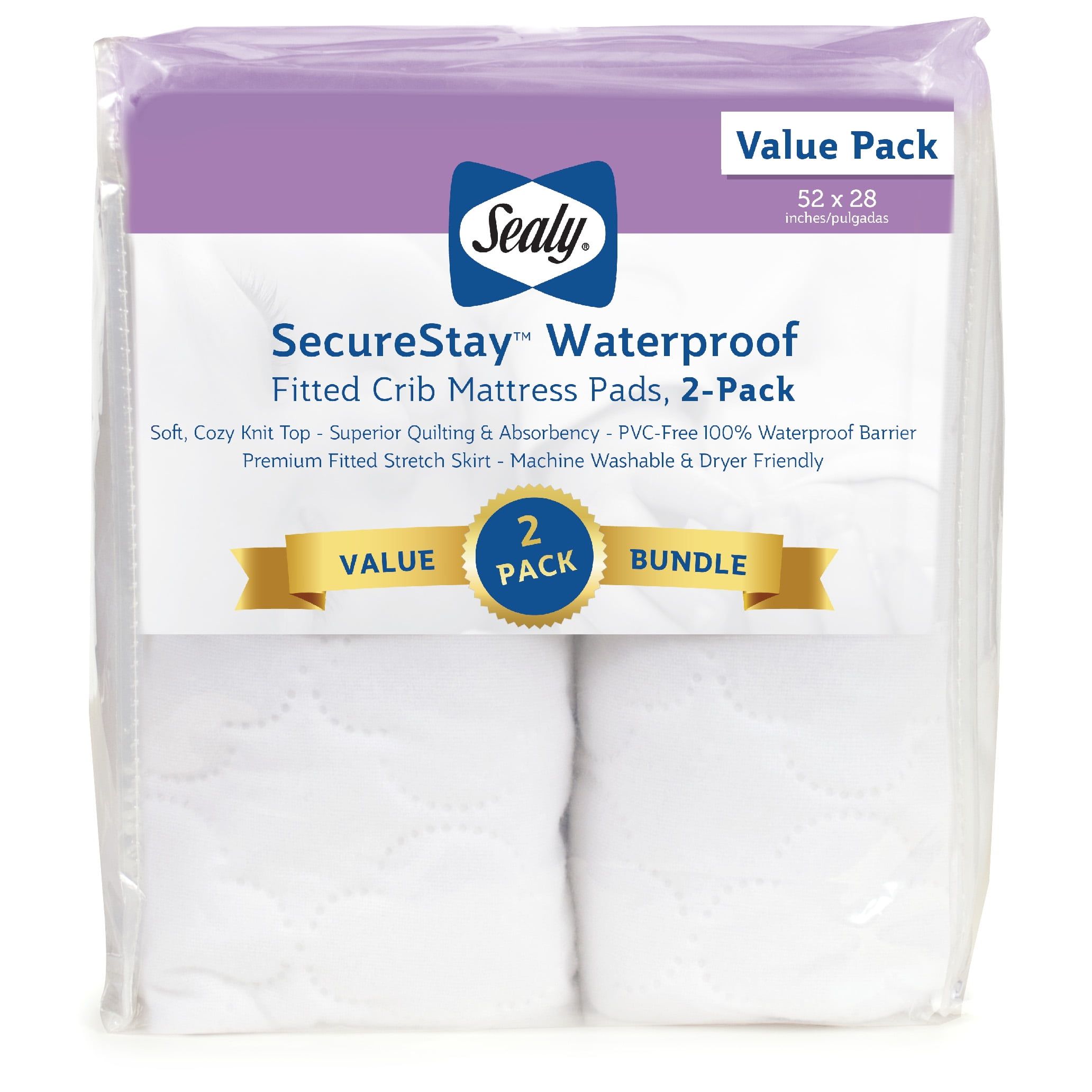 SecureStay Waterproof Quilted White Crib Mattress Pads, 2-Pack