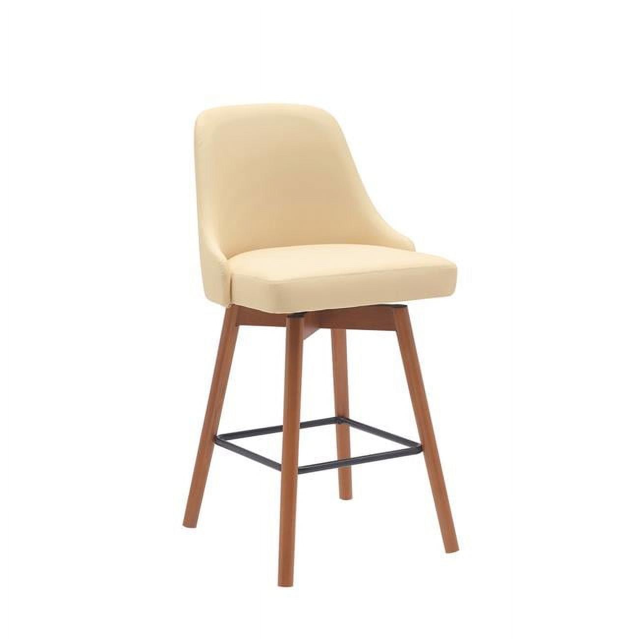 Cream Faux Leather Swivel Counter Stool with Brown Wood Legs