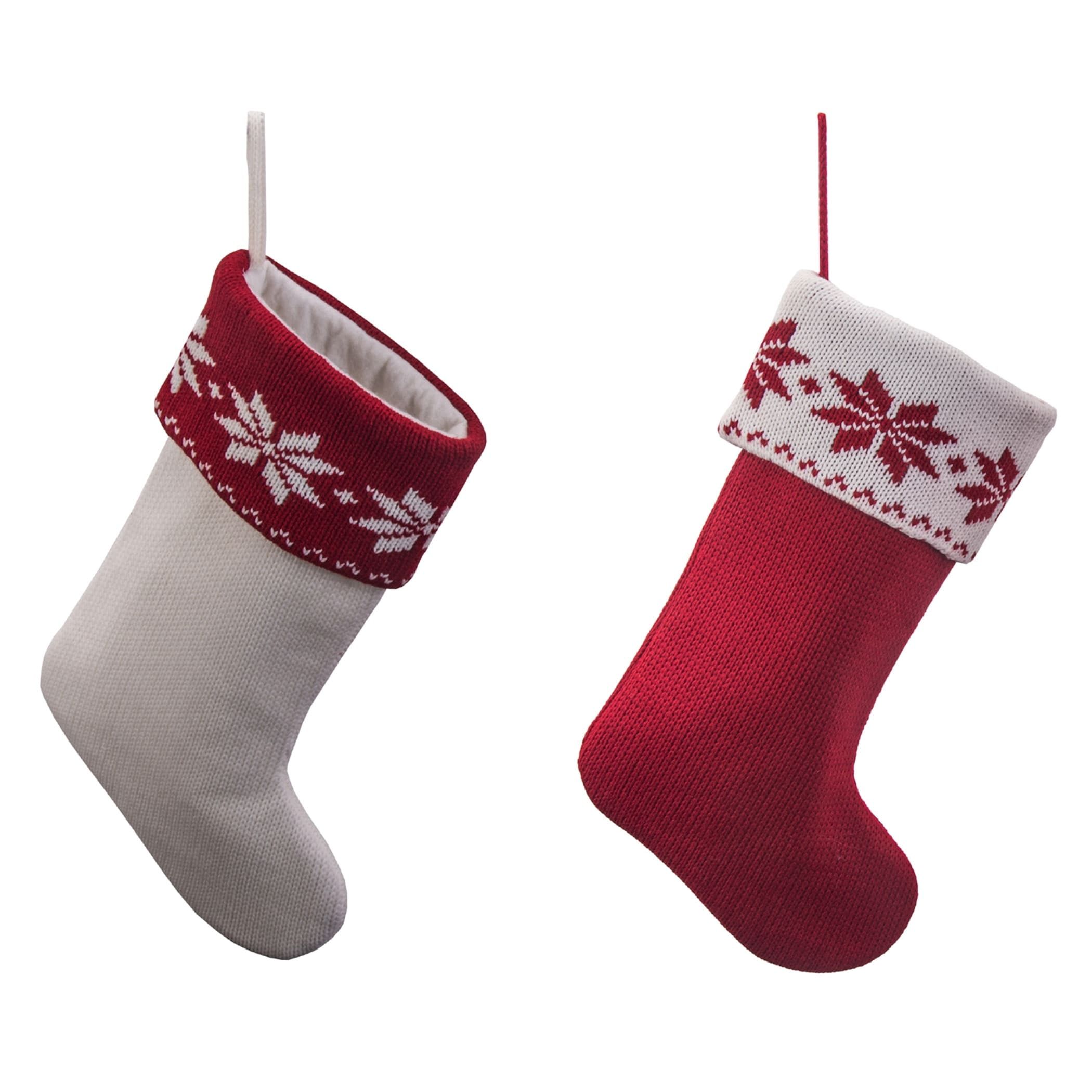 Red and White Knitted Christmas Stockings with Snowflakes - Set of 2