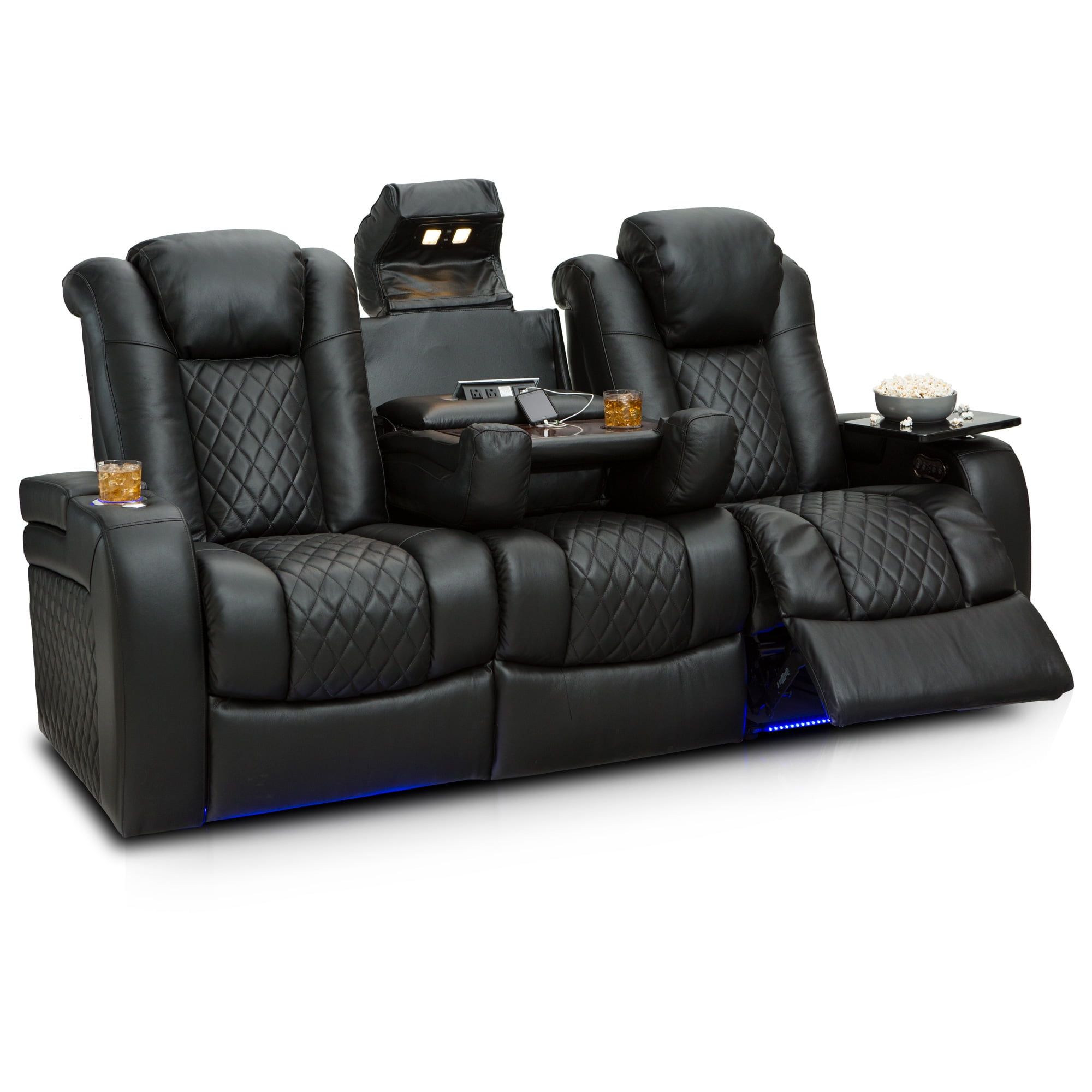 Black Leather Reclining Sectional Sofa with Cup Holders