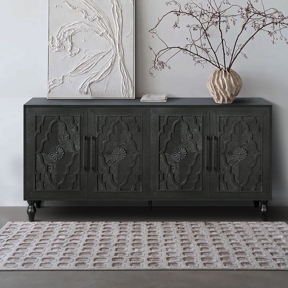 Black Carved Flower Door MDF Sideboard Buffet Cabinet