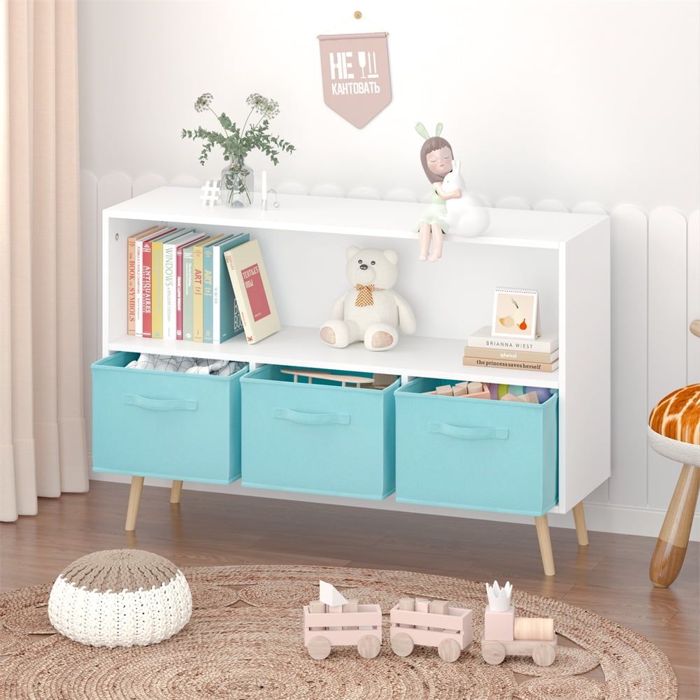 White Kids Bookshelf with Blue Fabric Drawers and Pine Legs