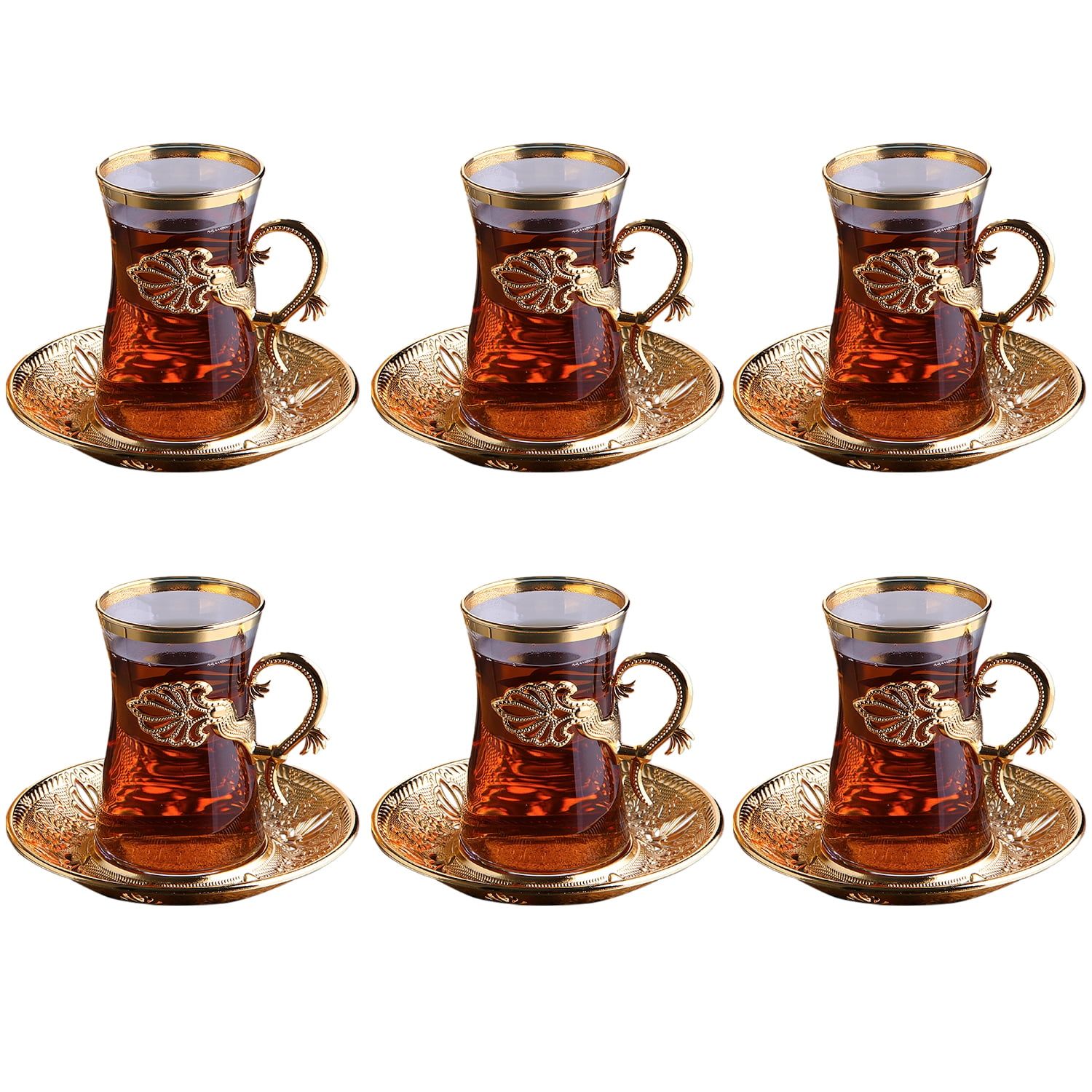 Gold Turkish Tea Glass Set with Holders and Saucers, 6 Pieces