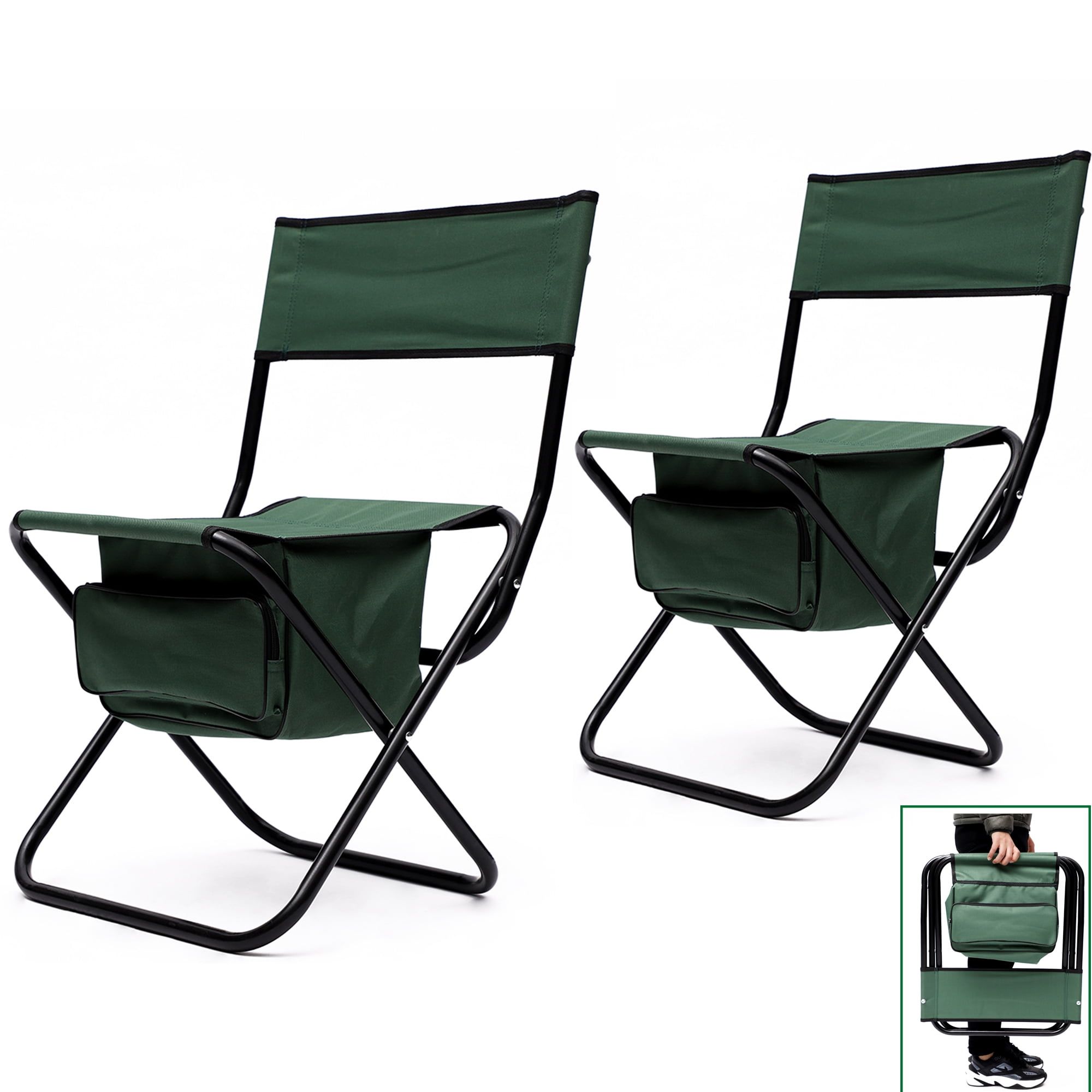 Green Steel Frame Folding Camping Chairs with Storage Bag, Set of 2