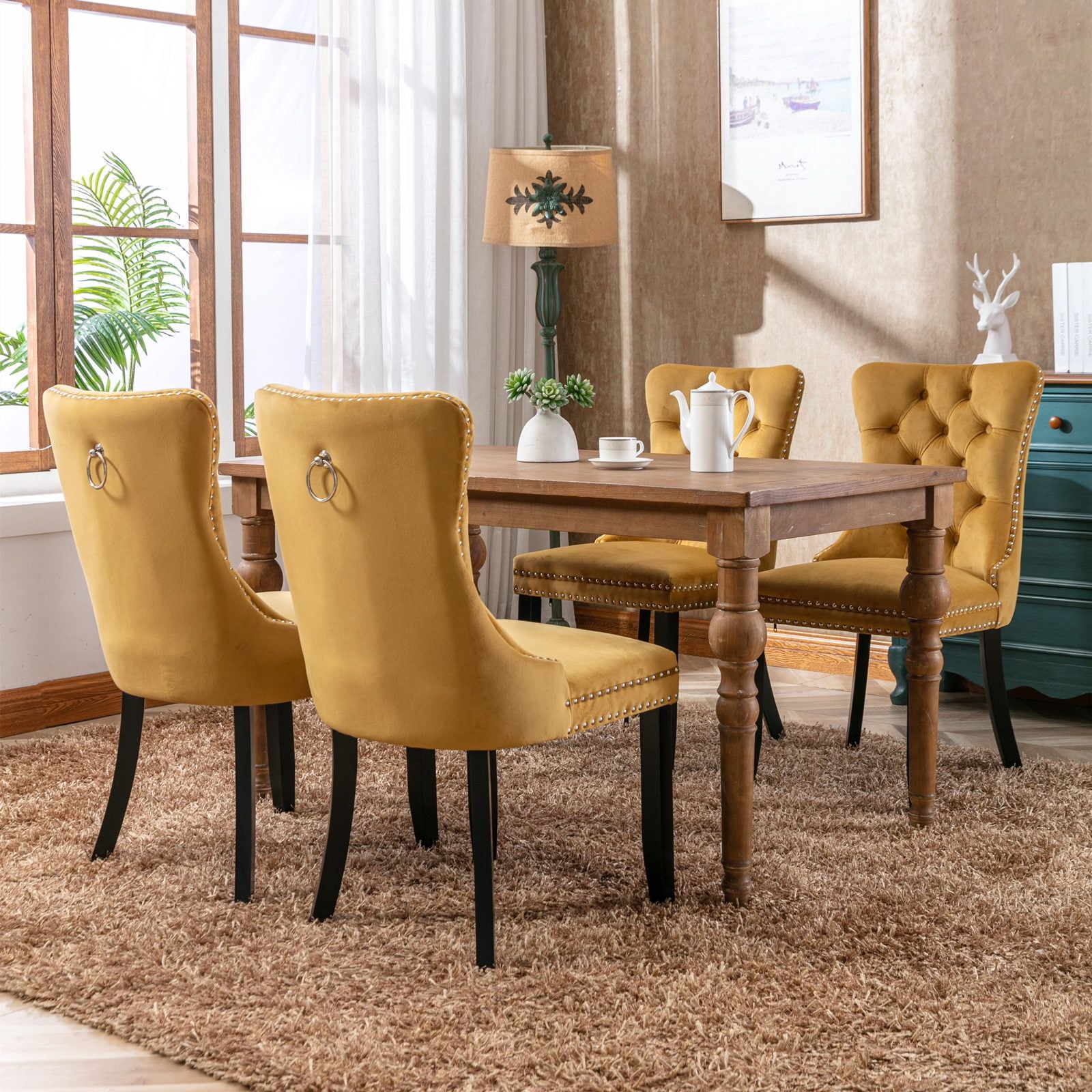 Gold Velvet Upholstered High Back Dining Chairs with Wood Legs, Set of 2