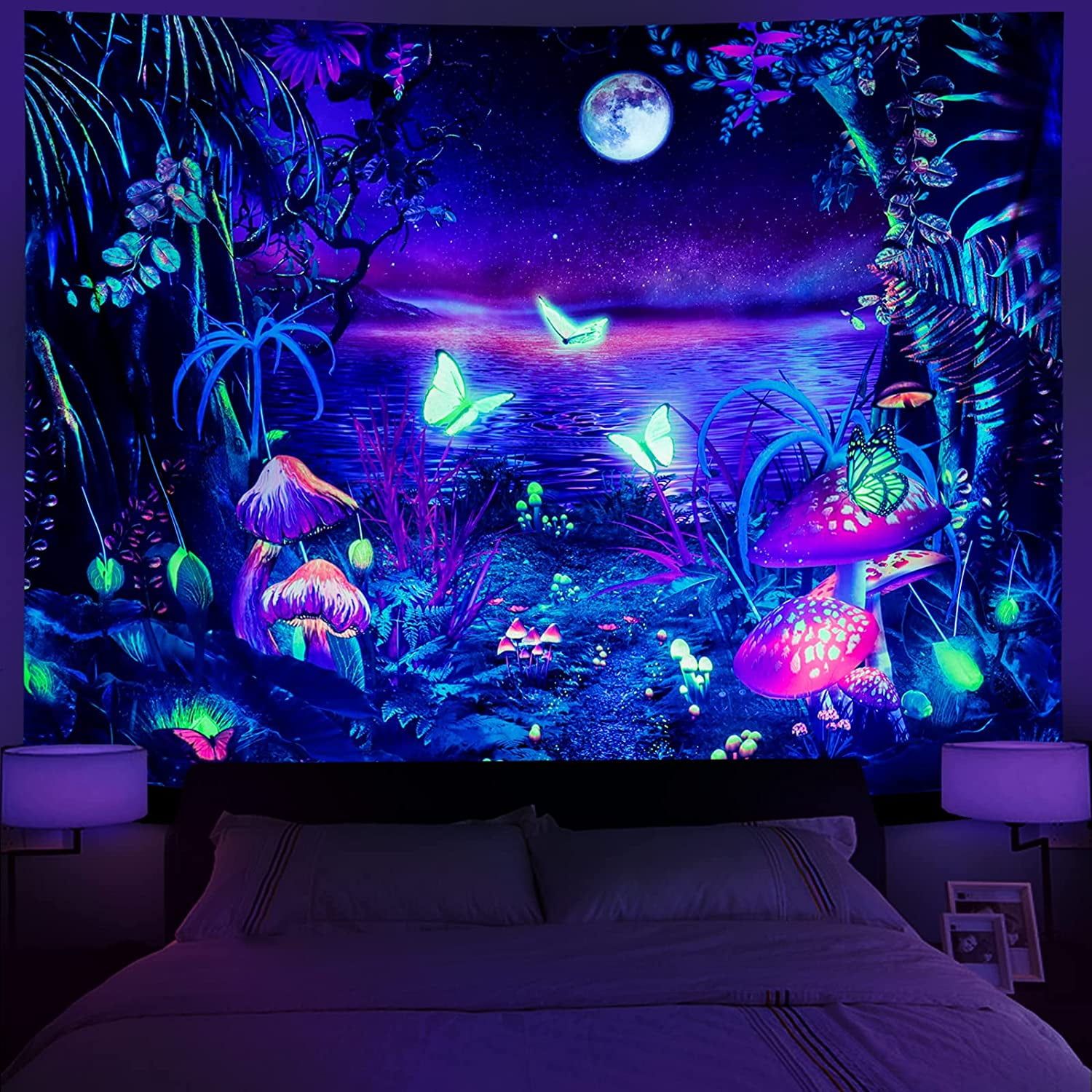 Fantasy Forest UV Reactive Tapestry with Butterflies and Mushrooms