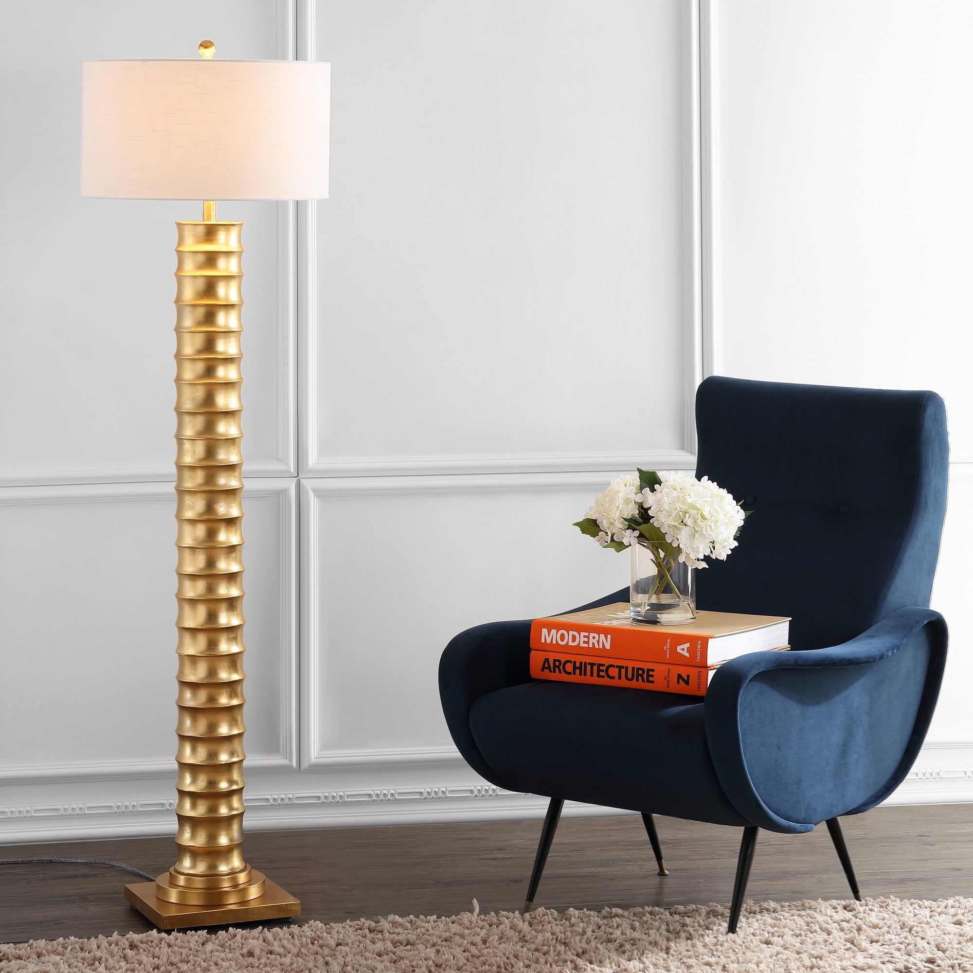 Serena 63" Gold Leaf Metal LED Floor Lamp with White Shade