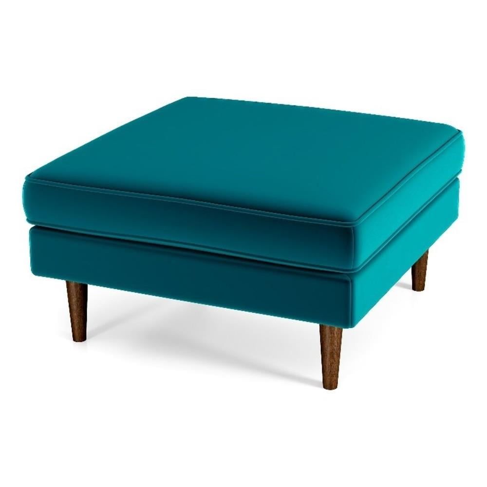 Teal Velvet Mid-Century Modern Square Ottoman with Walnut Legs