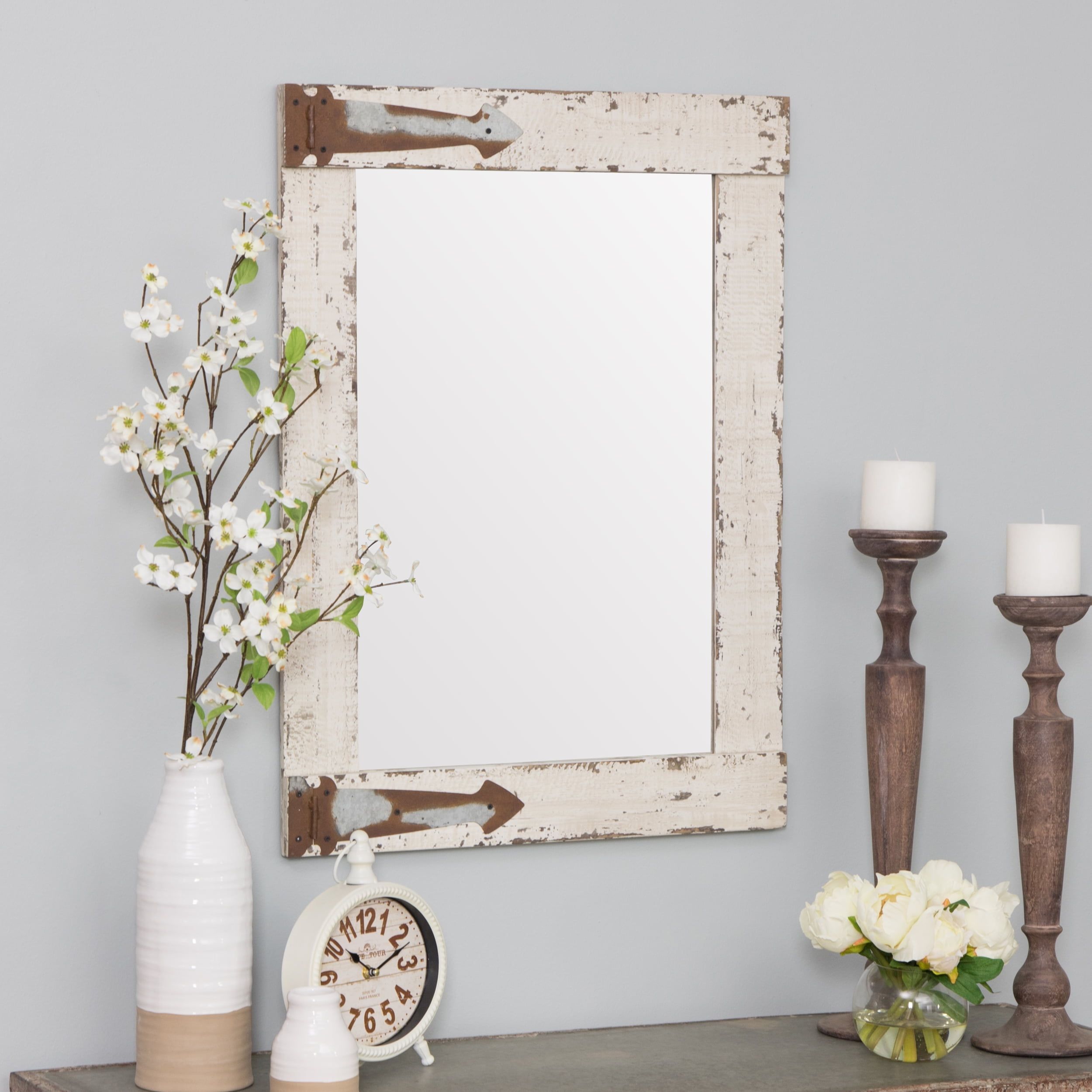 Distressed White Rustic Farmhouse 30" x 22" Wooden Wall Mirror