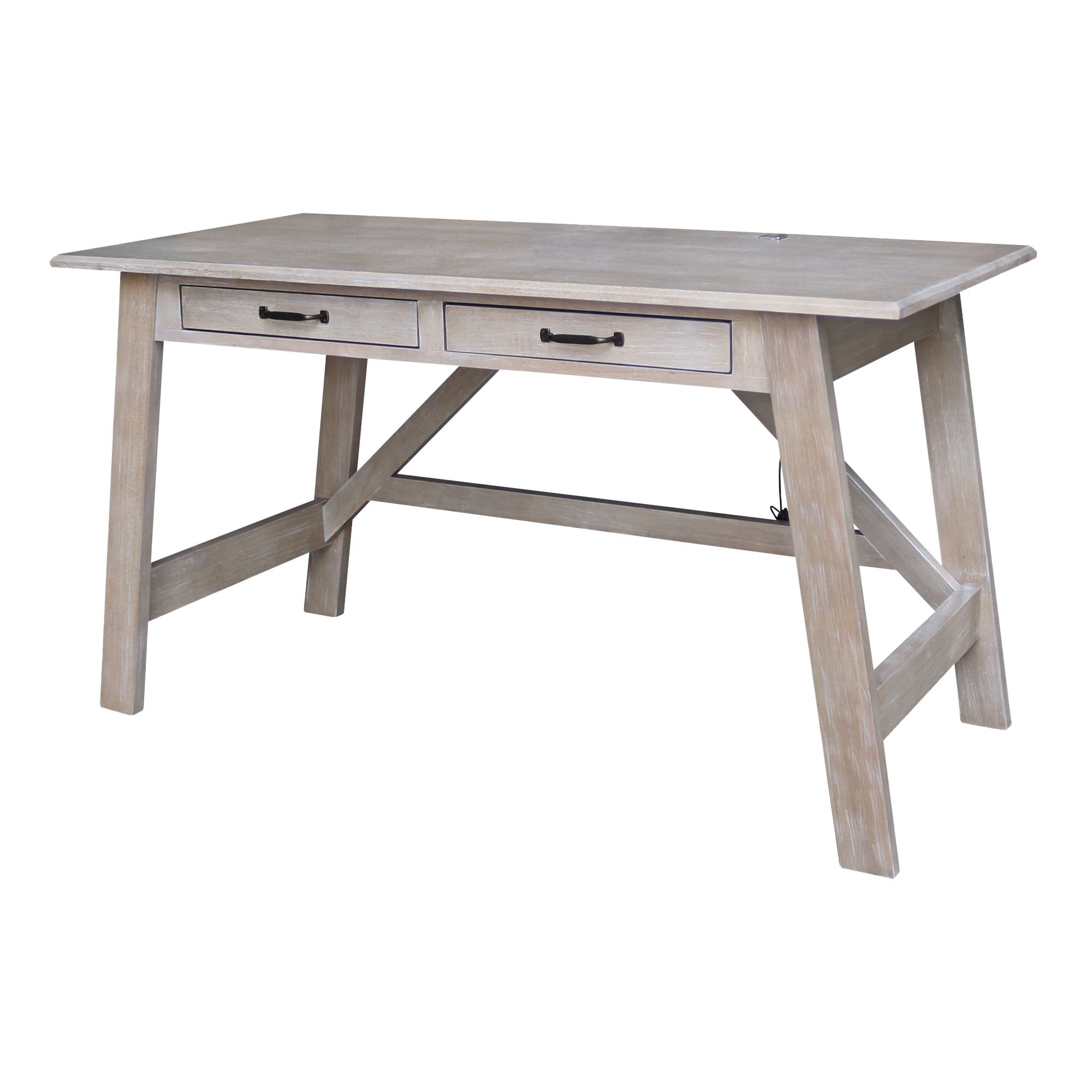 Washed Gray Taupe Wood Desk with Drawers and USB Port