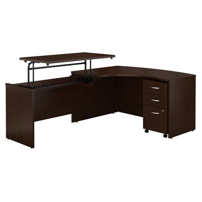 Mocha Cherry L-Shaped Adjustable Height Desk with File Cabinet