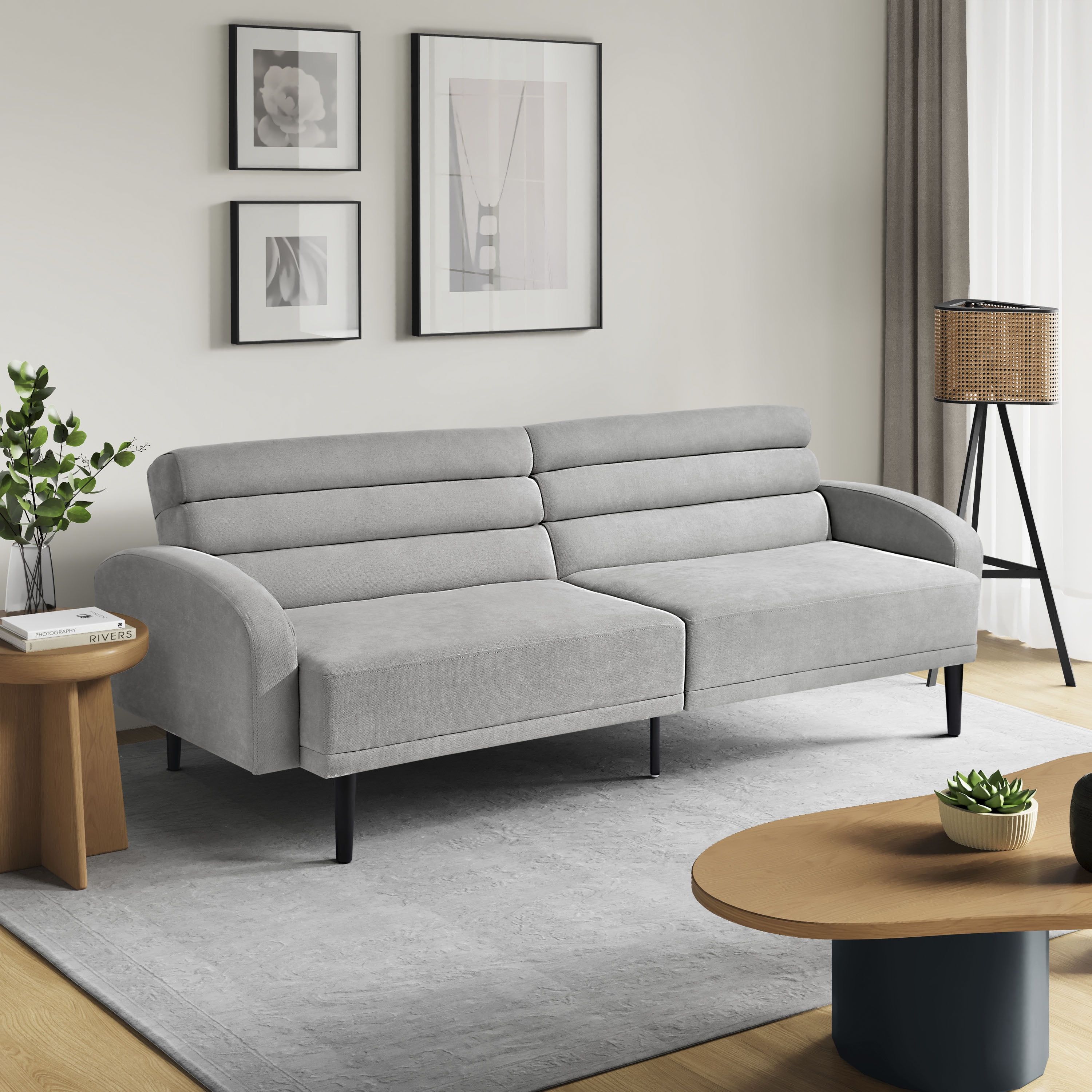 Light Grey Tufted Fabric Convertible Sleeper Sofa with Round Arms