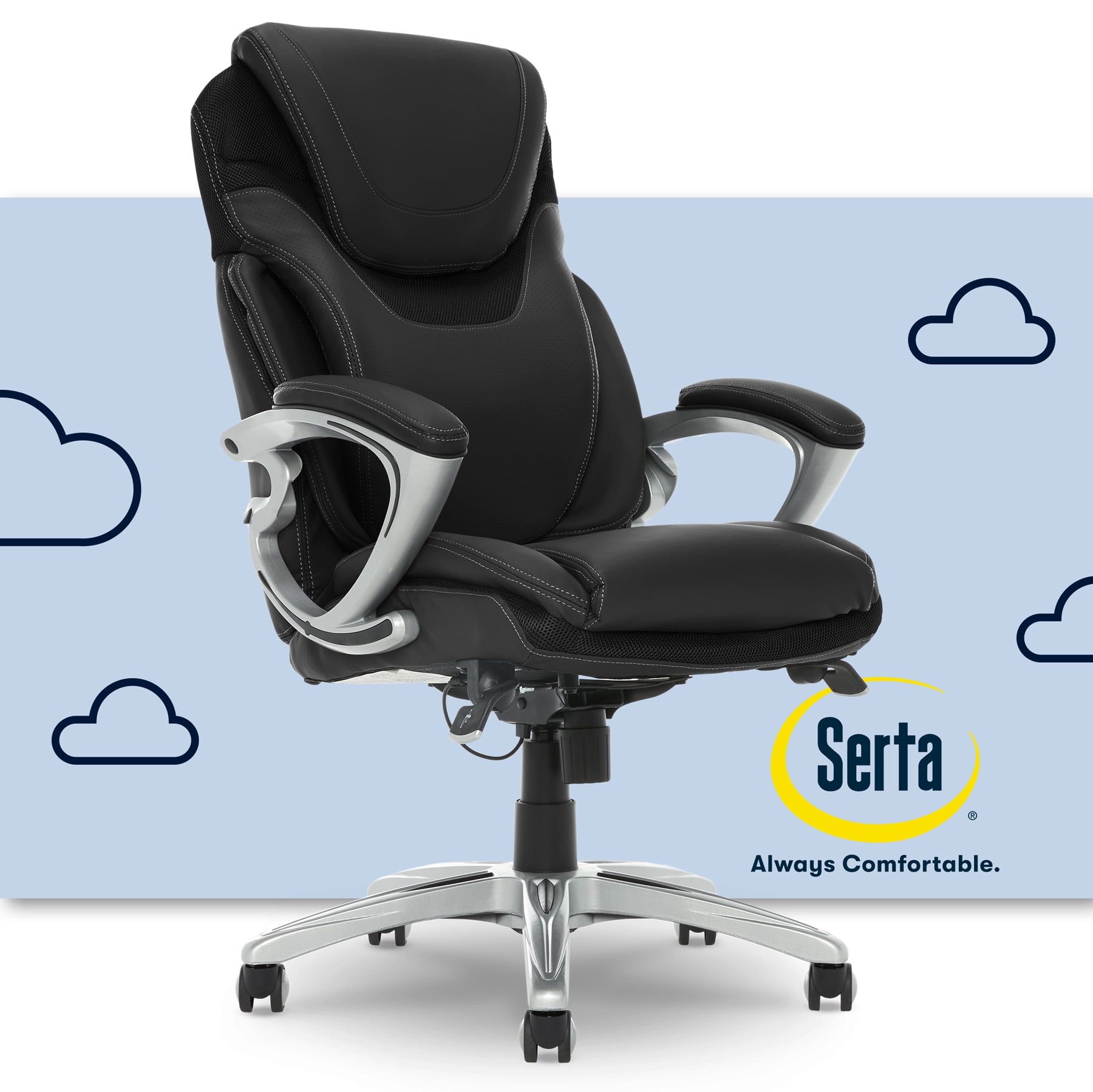 Serta Bryce High-Back Swivel Executive Chair with AIR Lumbar Support, Black Leather