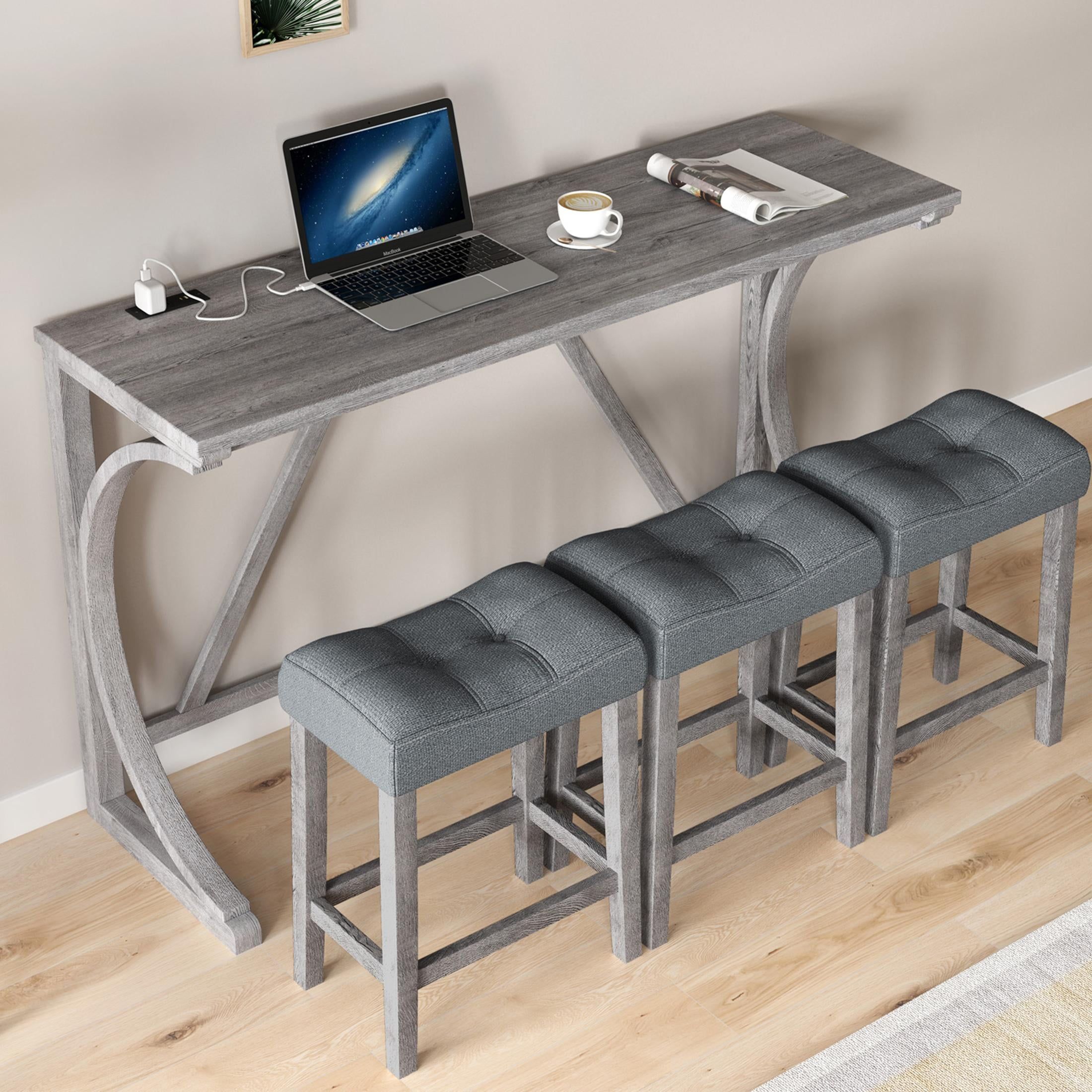 Gray 4-Piece Industrial Bar Table Set with USB Port