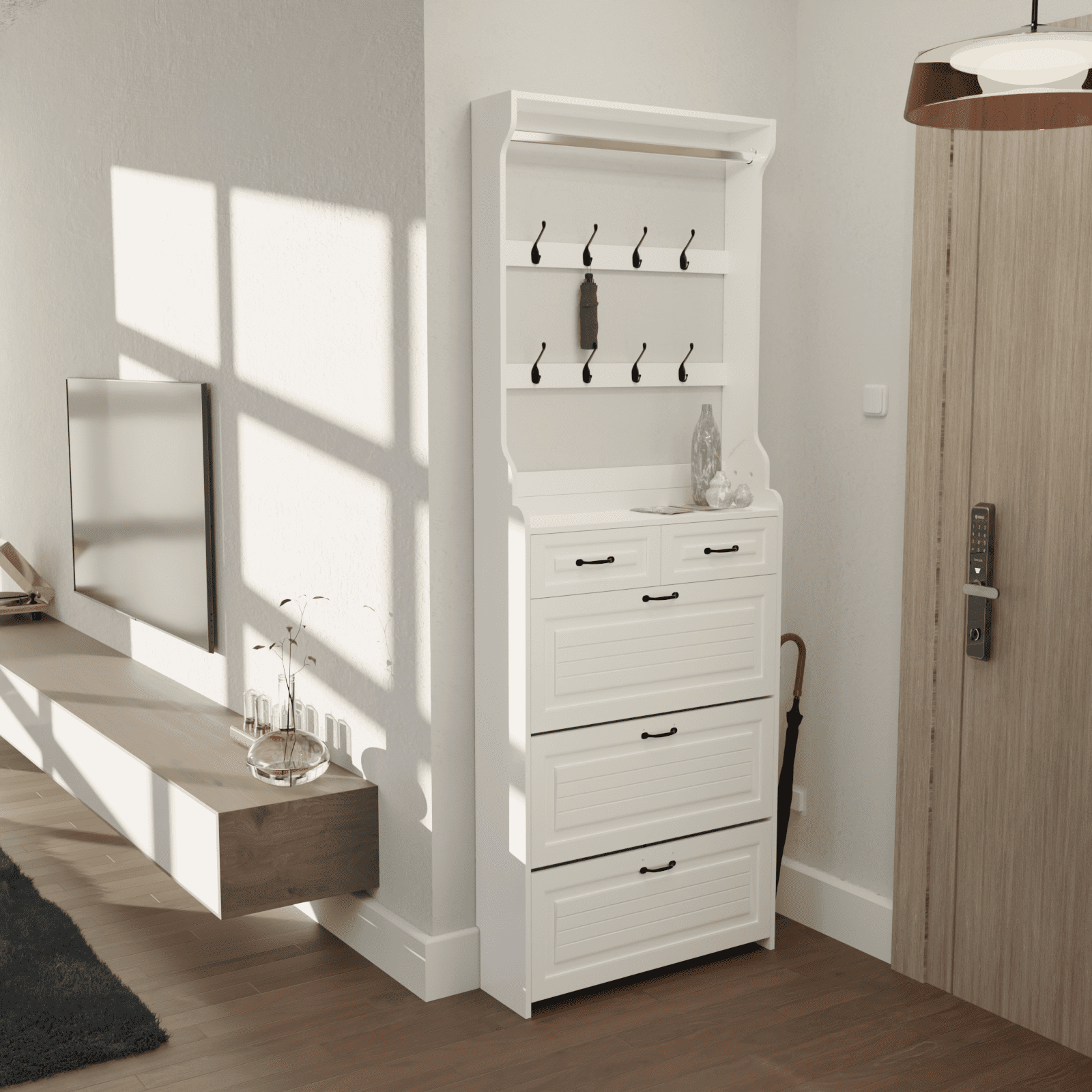 White MDF Hanging Shoe Cabinet with Hooks and Drawers