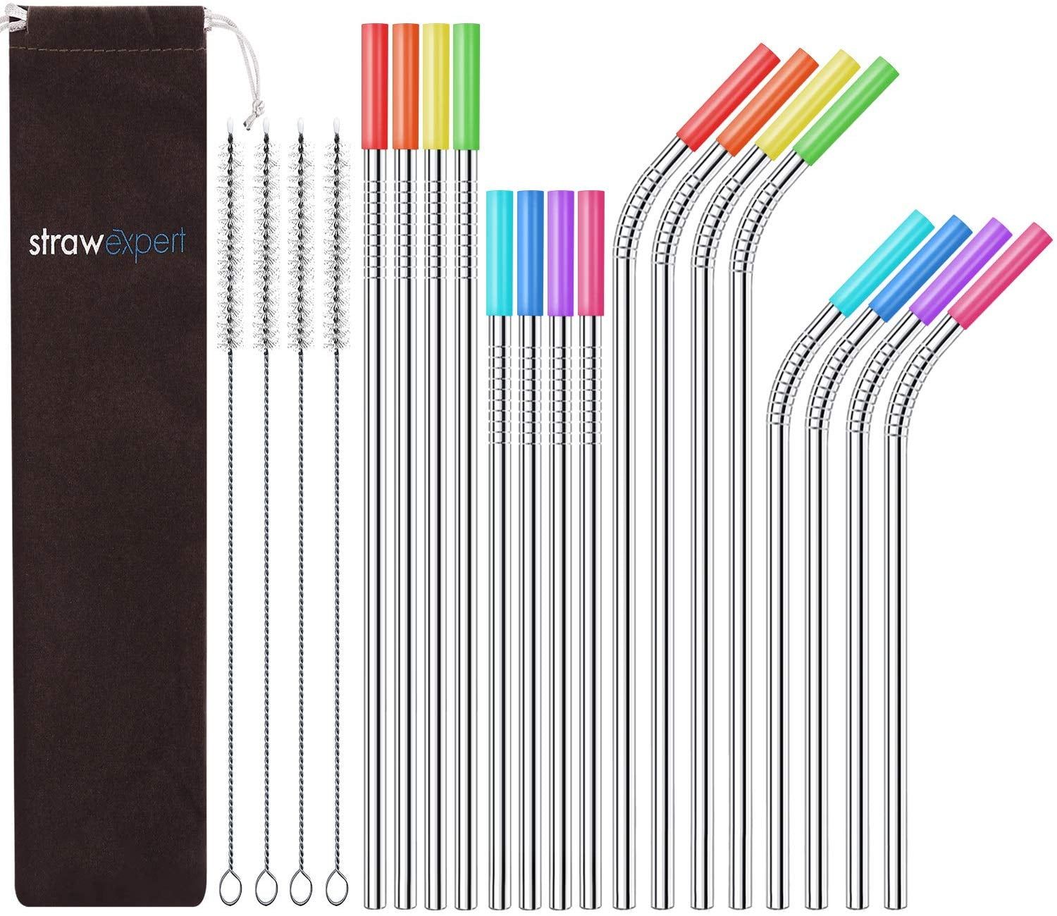 Set of 16 Stainless Steel Straws with Silicone Tips and Cleaning Brushes