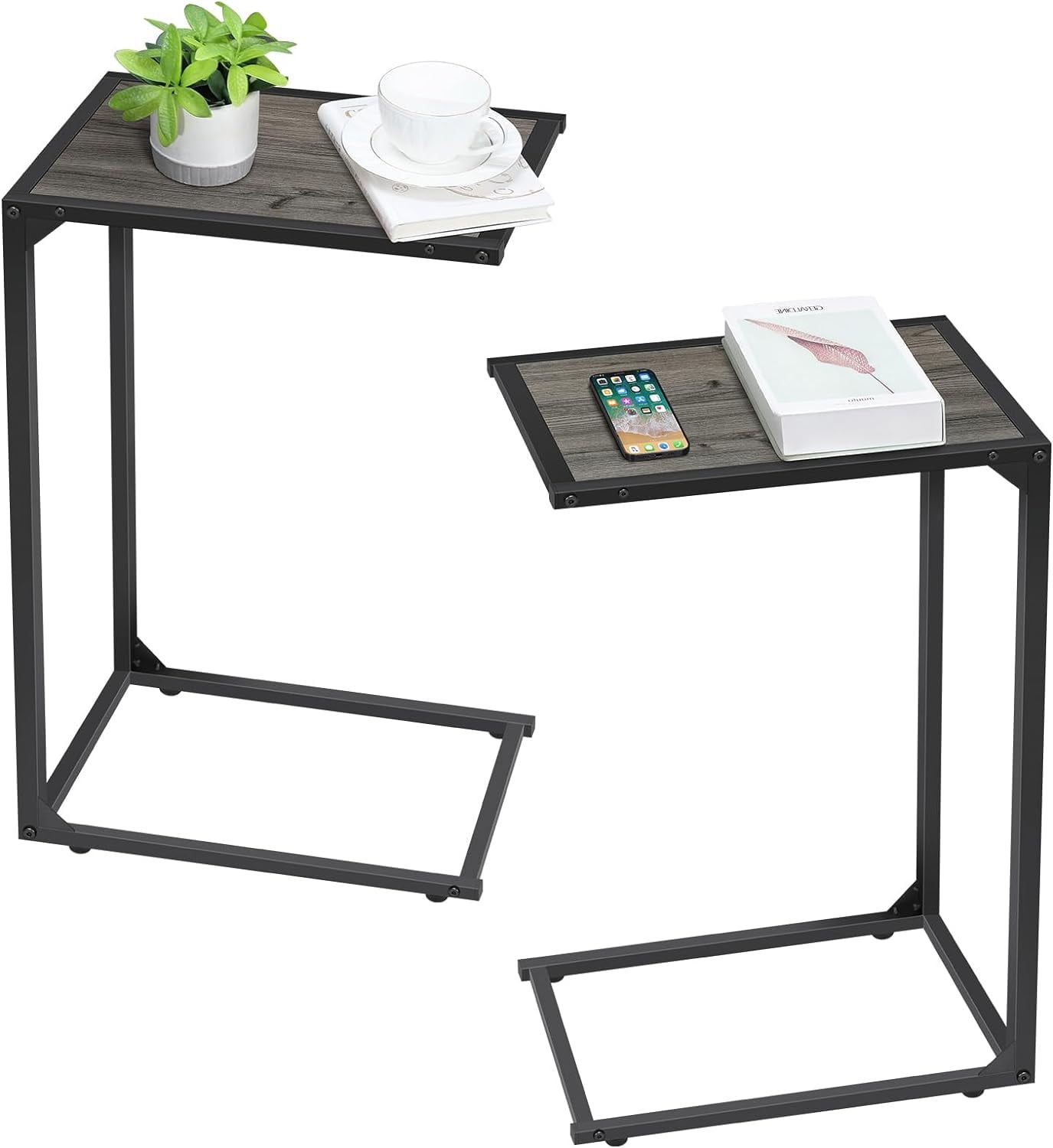 Gray Wood and Metal C-Shaped End Table Set of 2