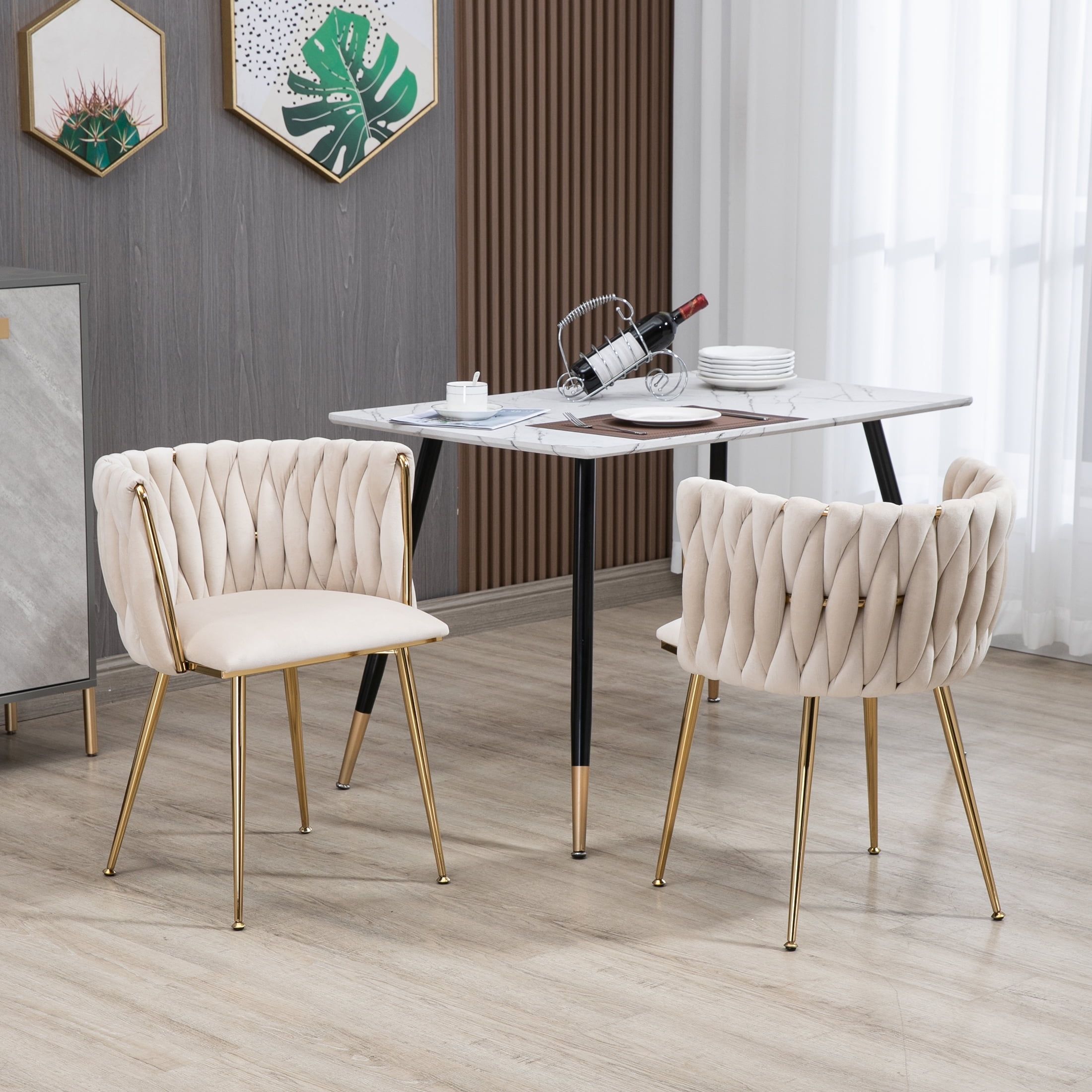 Beige Velvet Dining Chairs with Gold Metal Legs, Set of 2