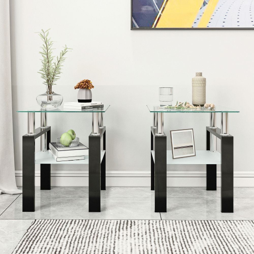 Set of 2 Clear Glass and Black Metal Square End Tables