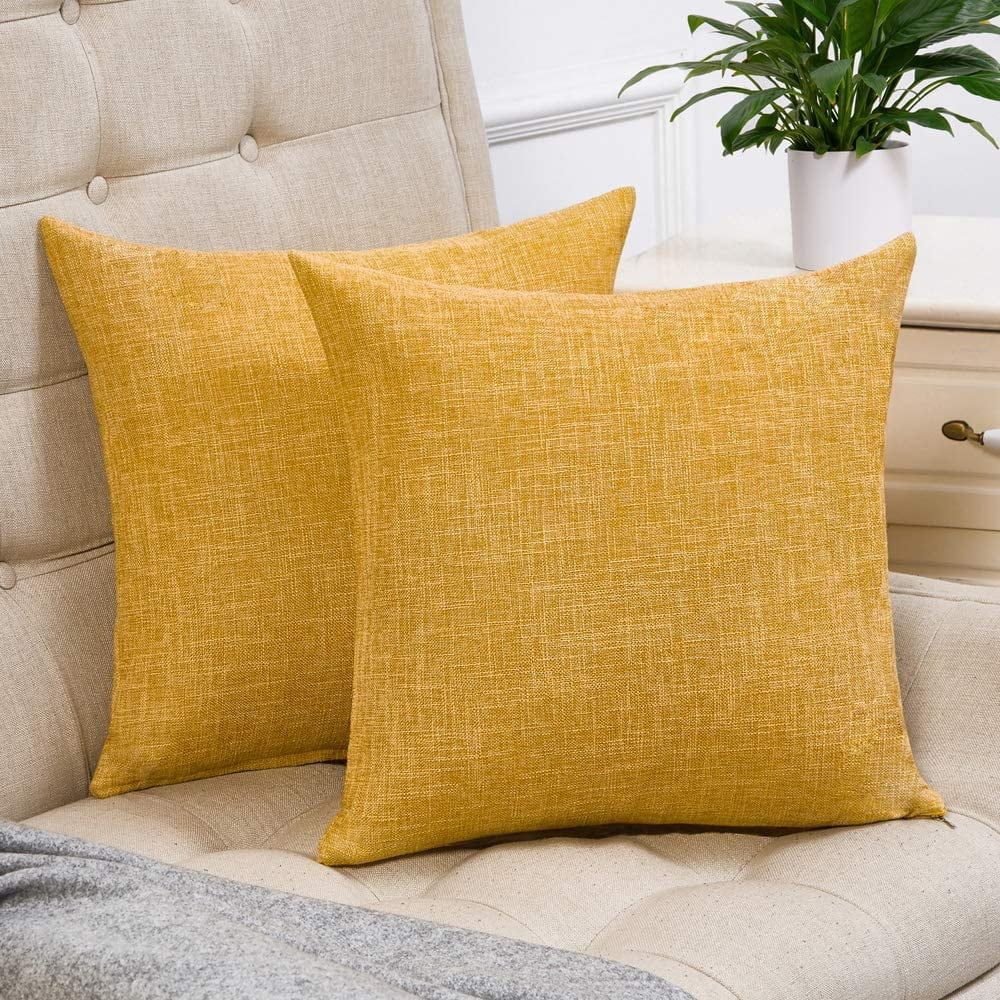 Set of 2 Mustard Yellow Linen Throw Pillow Covers 18x18 Inch