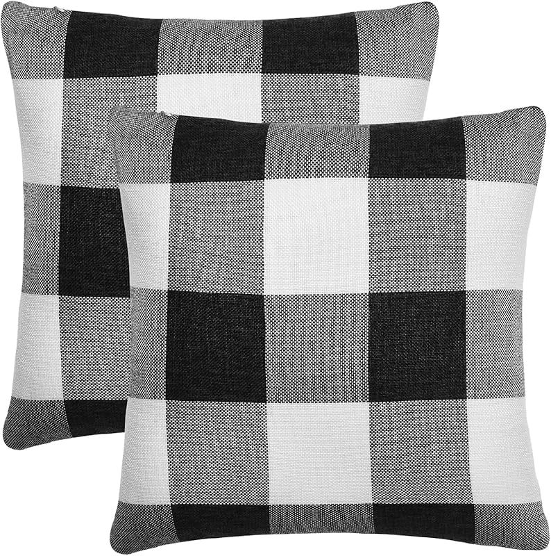 Set of 2 Black and White Plaid Cotton Pillow Covers