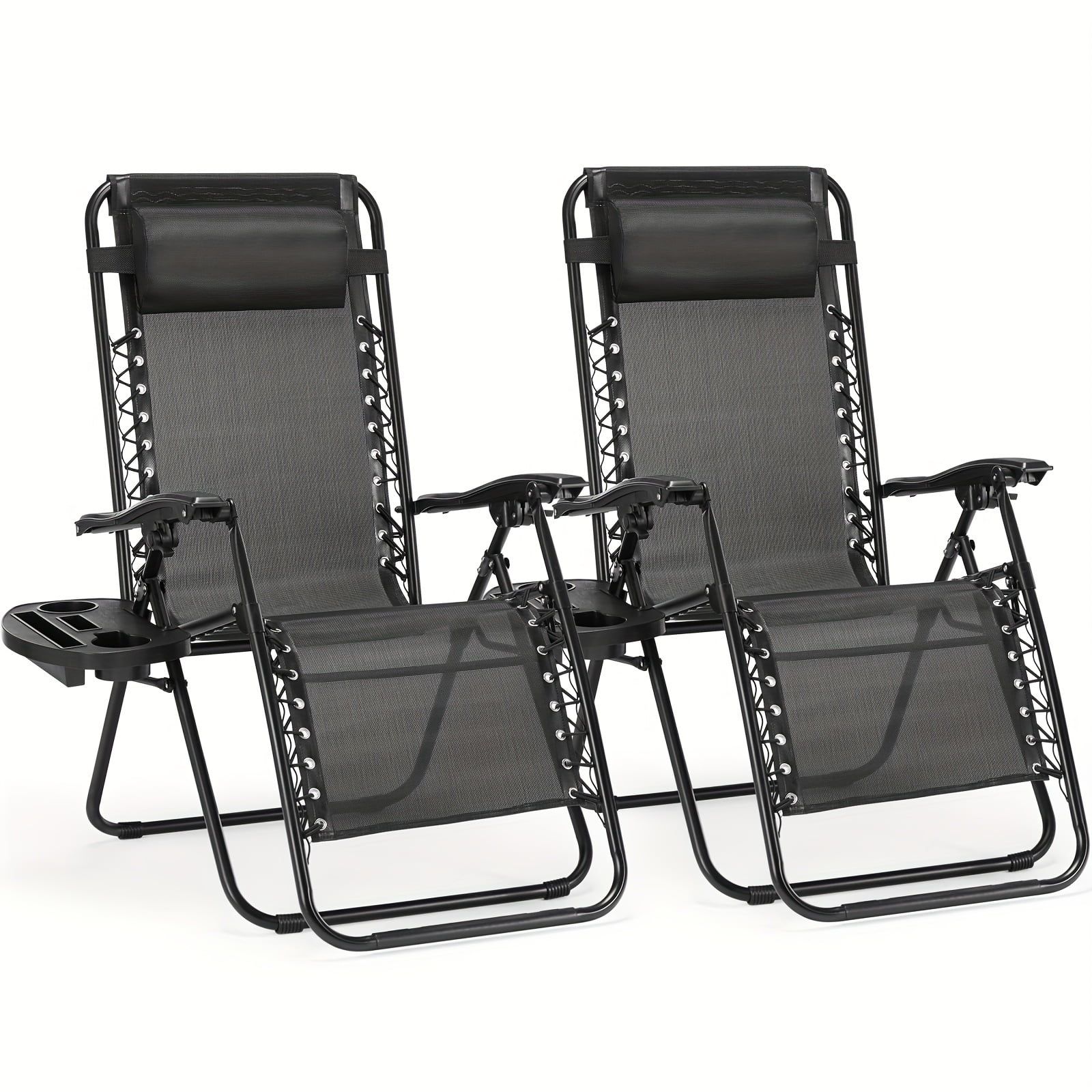 Set of 2 Black Metal Zero Gravity Recliner Chairs with Cup Holders