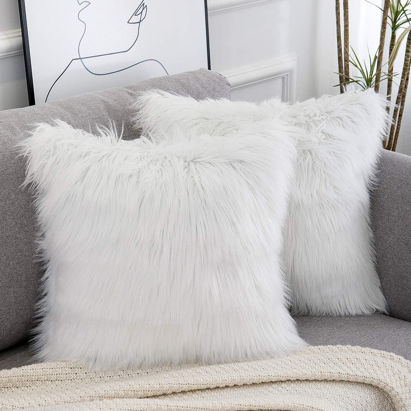 Set of 2 White Faux Fur Throw Pillow Covers 18x18