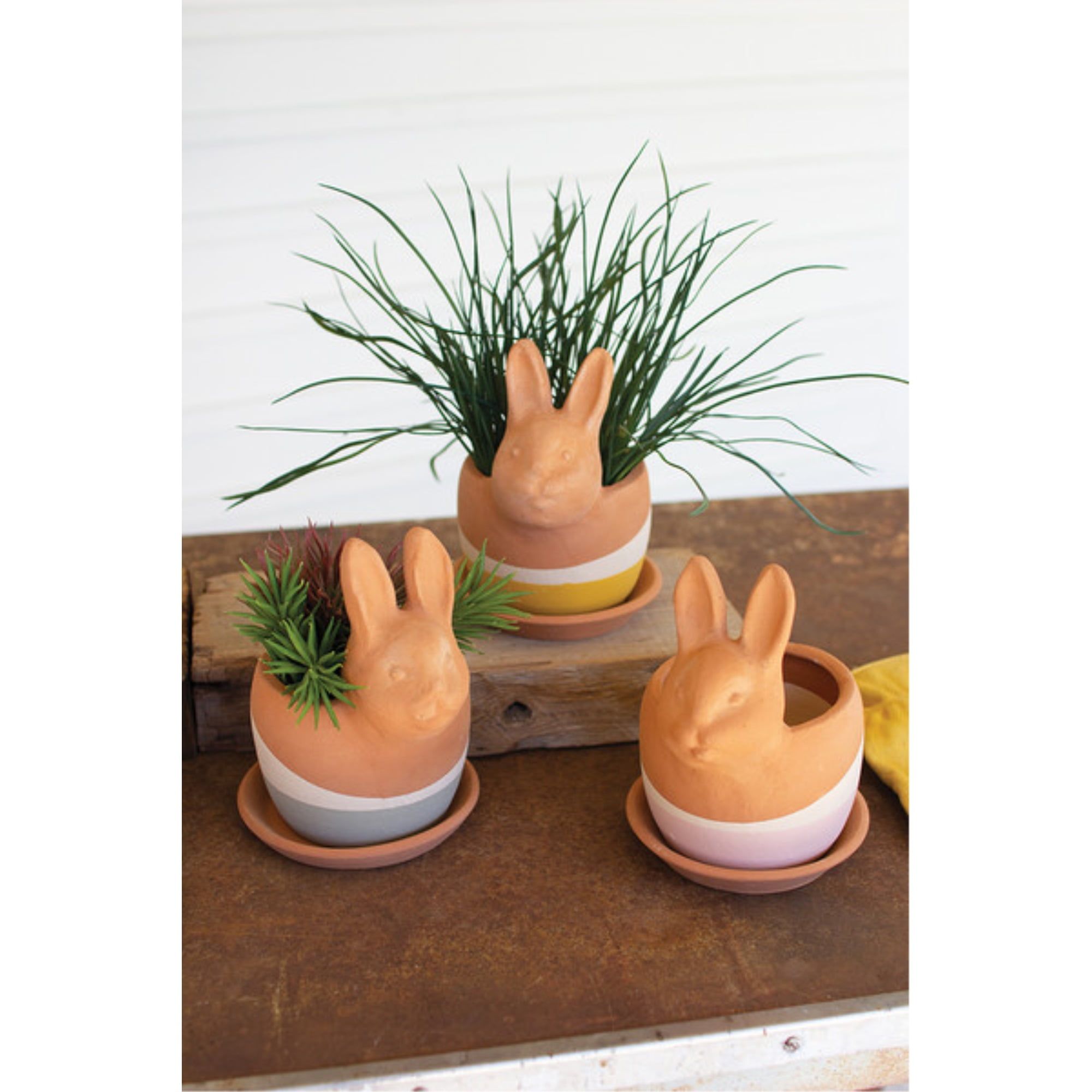 Set of Three Multicolor Clay Bunny Planters for Indoor & Outdoor