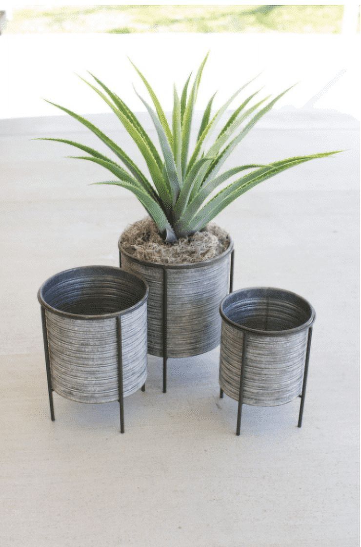 Trio Galvanized Grey Metal Planters on Iron Stands