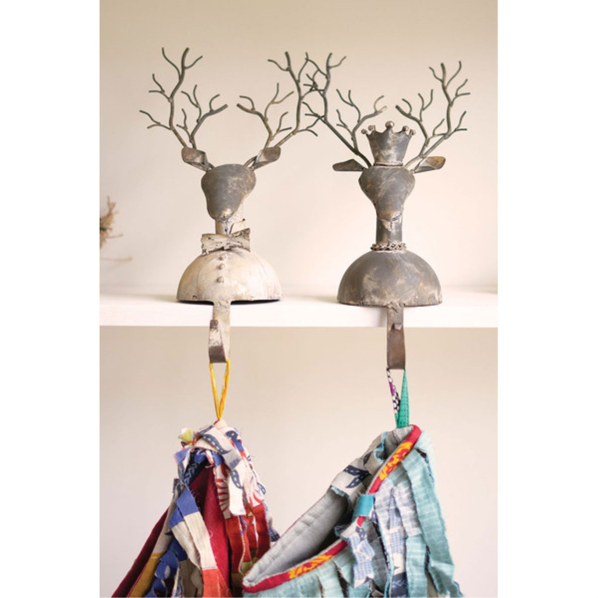 Distressed White Metal Deer Stocking Holders Set of 2