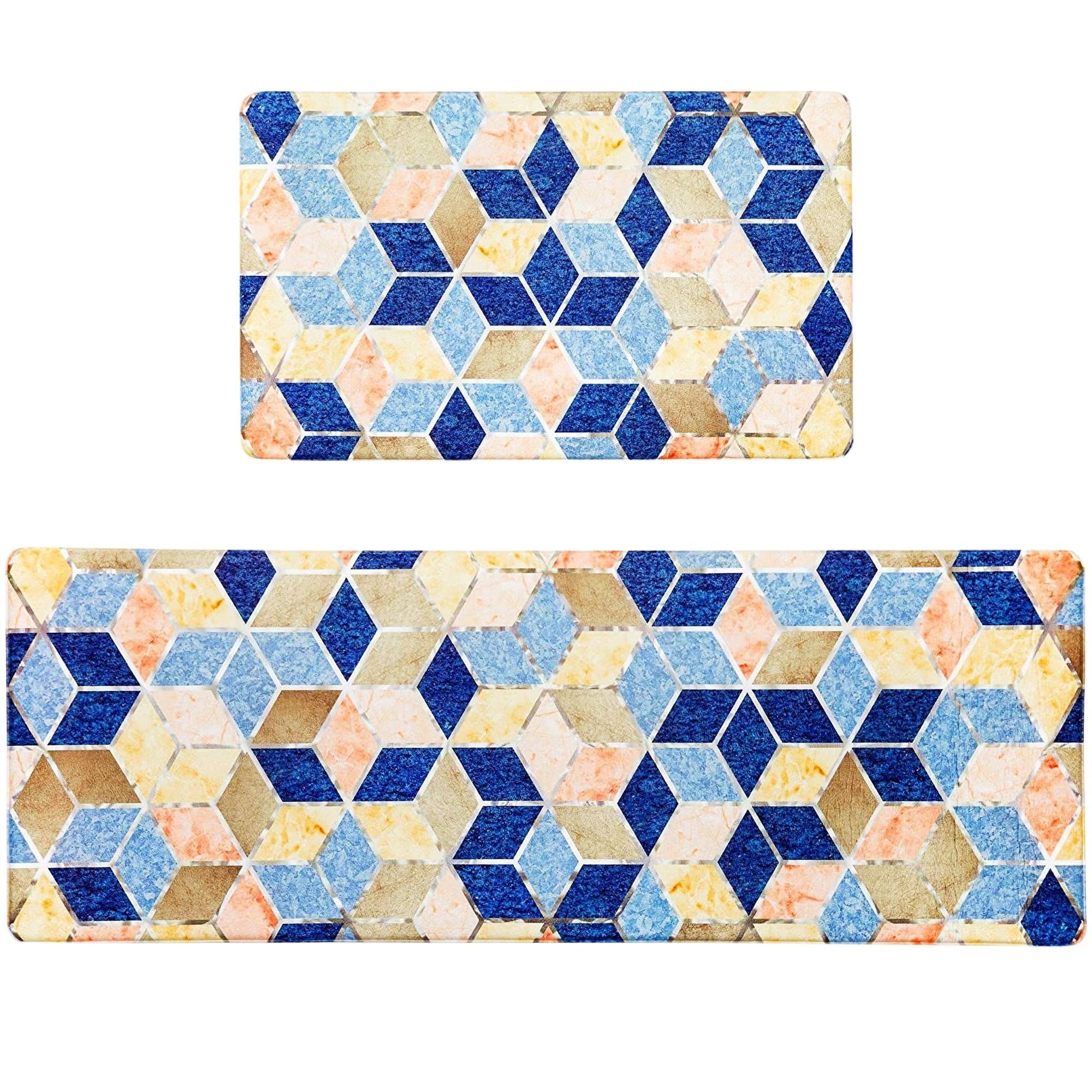 Set of 2 Blue and Beige Diamond Pattern Anti-Fatigue Kitchen Mats