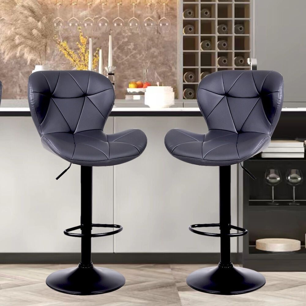 Black Adjustable Swivel Faux Leather Bar Stools Set of 2