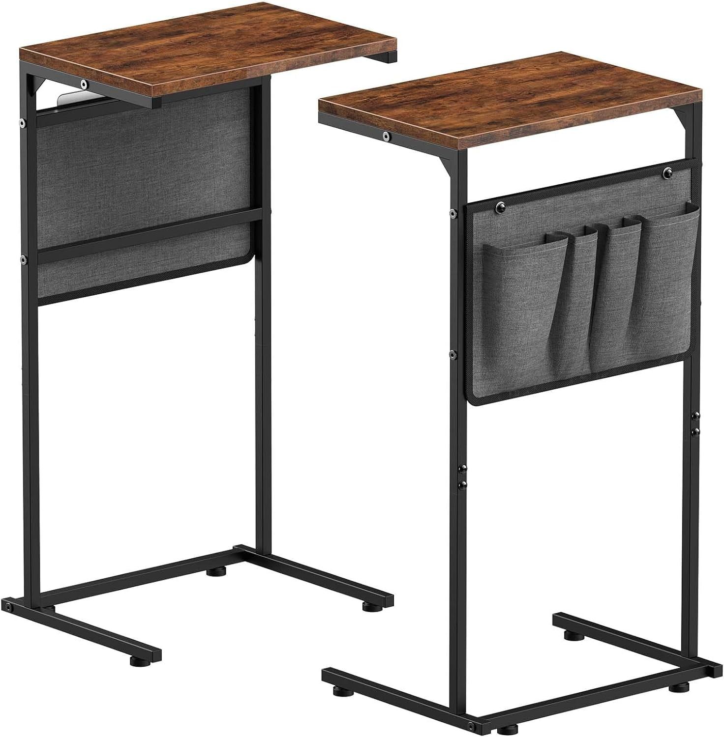 Rustic Brown C-Shaped Metal Frame End Tables with Storage Bag, Set of 2