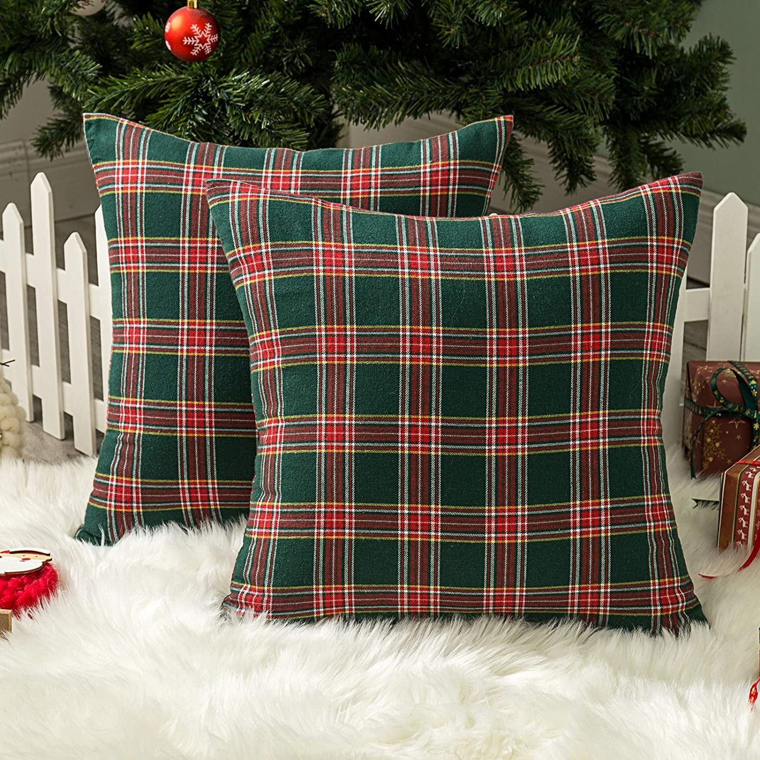 Set of 2 Green Red Plaid Christmas Pillow Covers